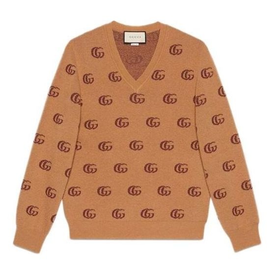 Gucci Double G Jacquard Wool V-Neck Sweater 'Camel Brown' 645292-XKBPF-8011 - 1