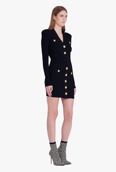 Short black knit dress with gold-tone buttons - 7