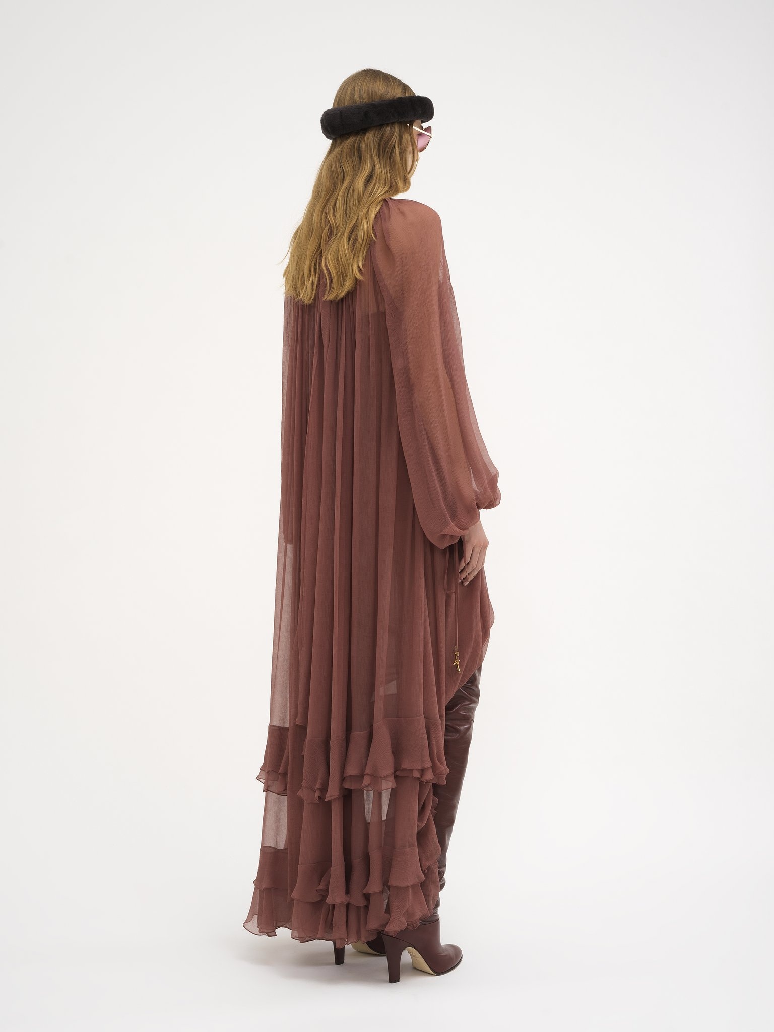 GATHERED LONG DRESS IN SILK MOUSSELINE - 6
