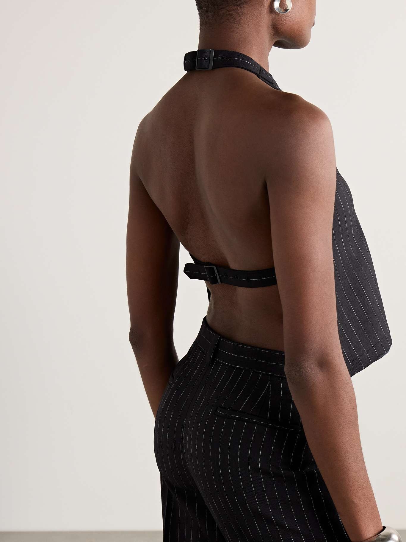 Open-back pinstriped wool-twill halterneck tank Black - 4