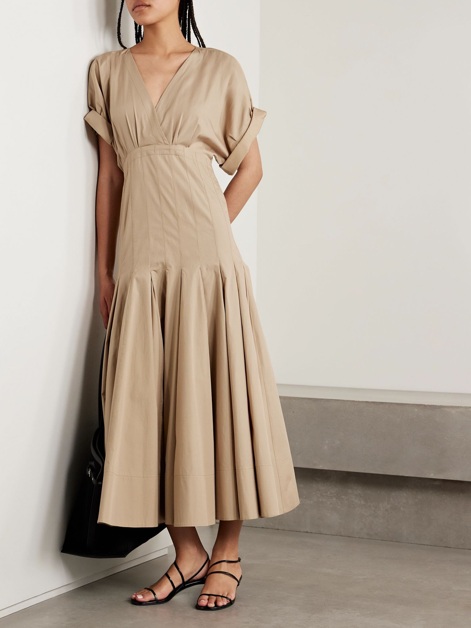 Ciara pleated cotton-blend poplin midi dress Beige - 2