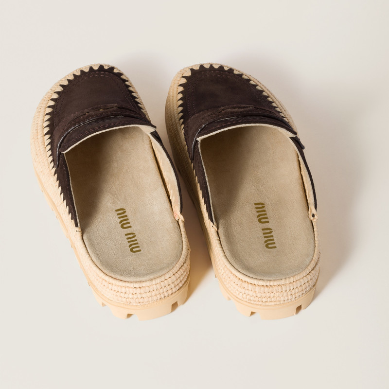 Miu Miu Suede and raffia flatform mules outlook