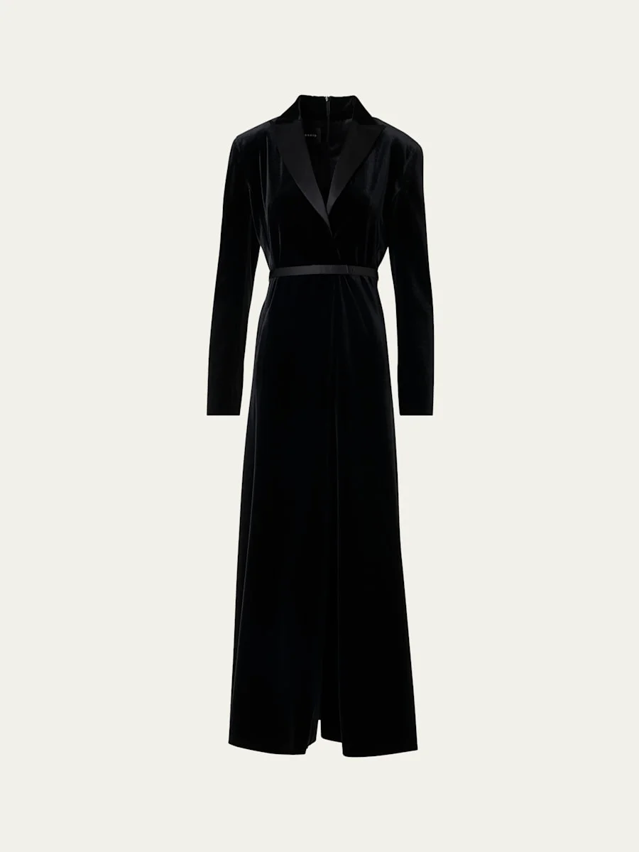 Satin-Lapel Belted Velvet Midi Tuxedo Dress - 1