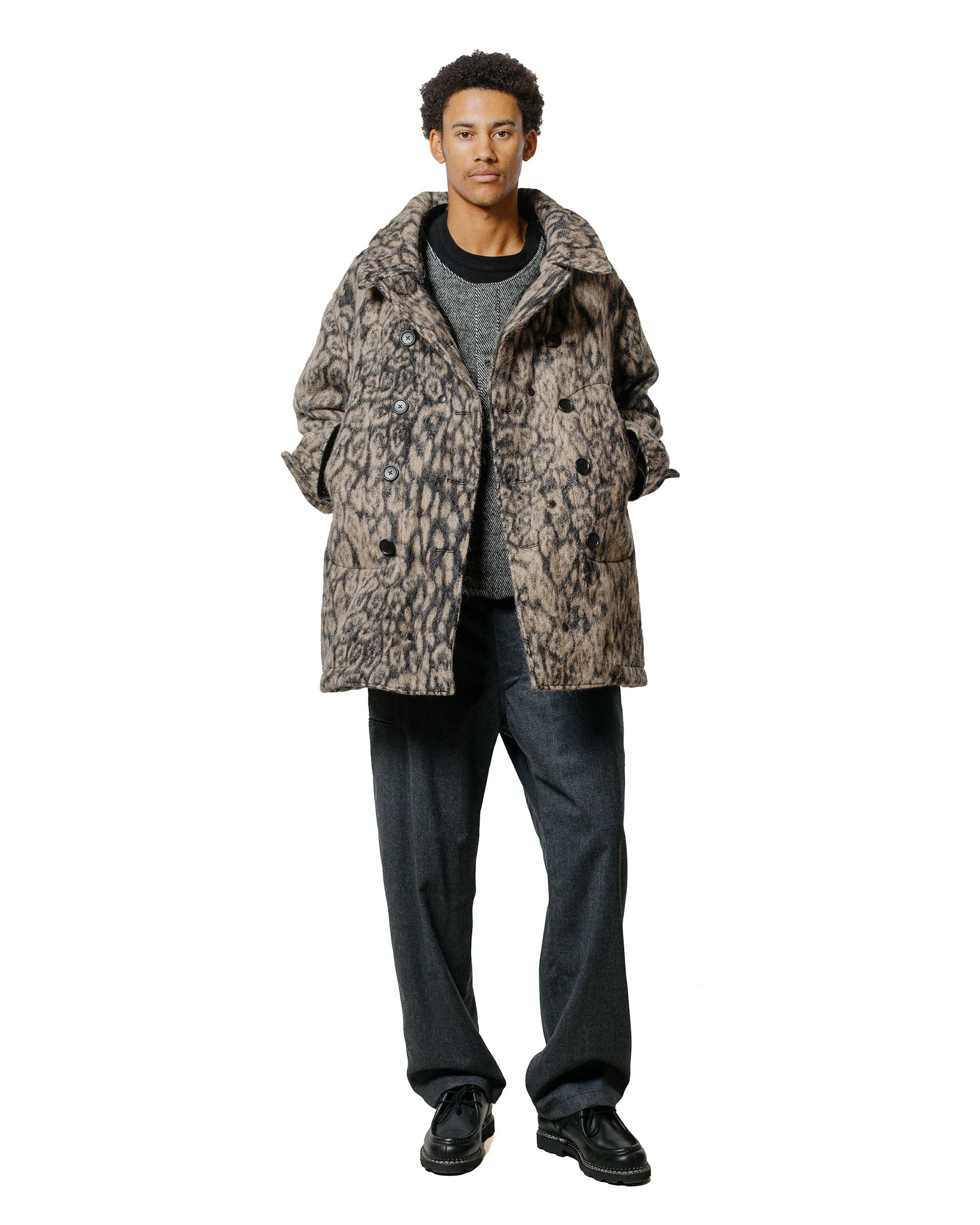 Engineered Garments Fireman Jacket Brown Wool Poly Leopard