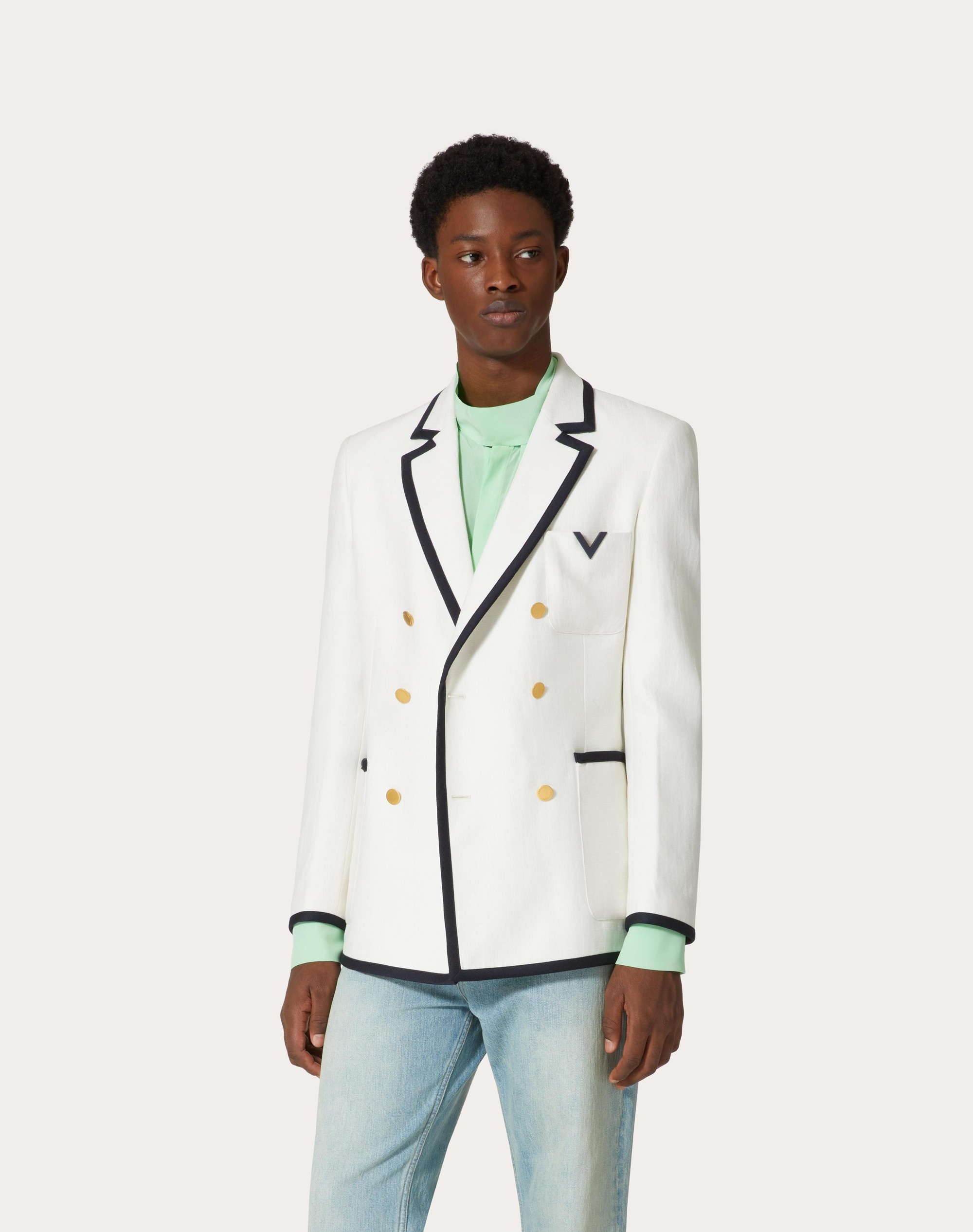 DOUBLE-BREASTED WOOL AND SILK JACKET WITH RUBBERIZED V DETAIL - 3
