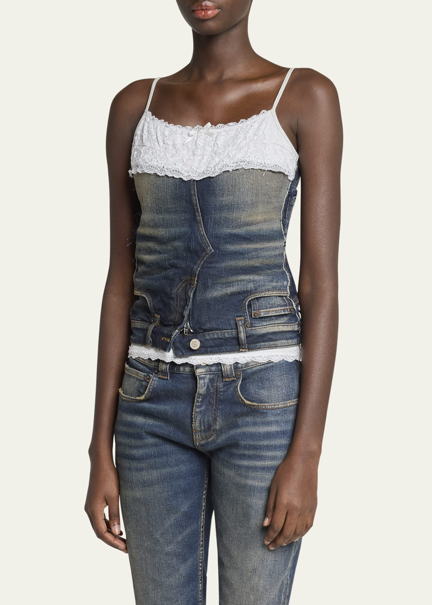Patched Lace Denim Tank Top - 4