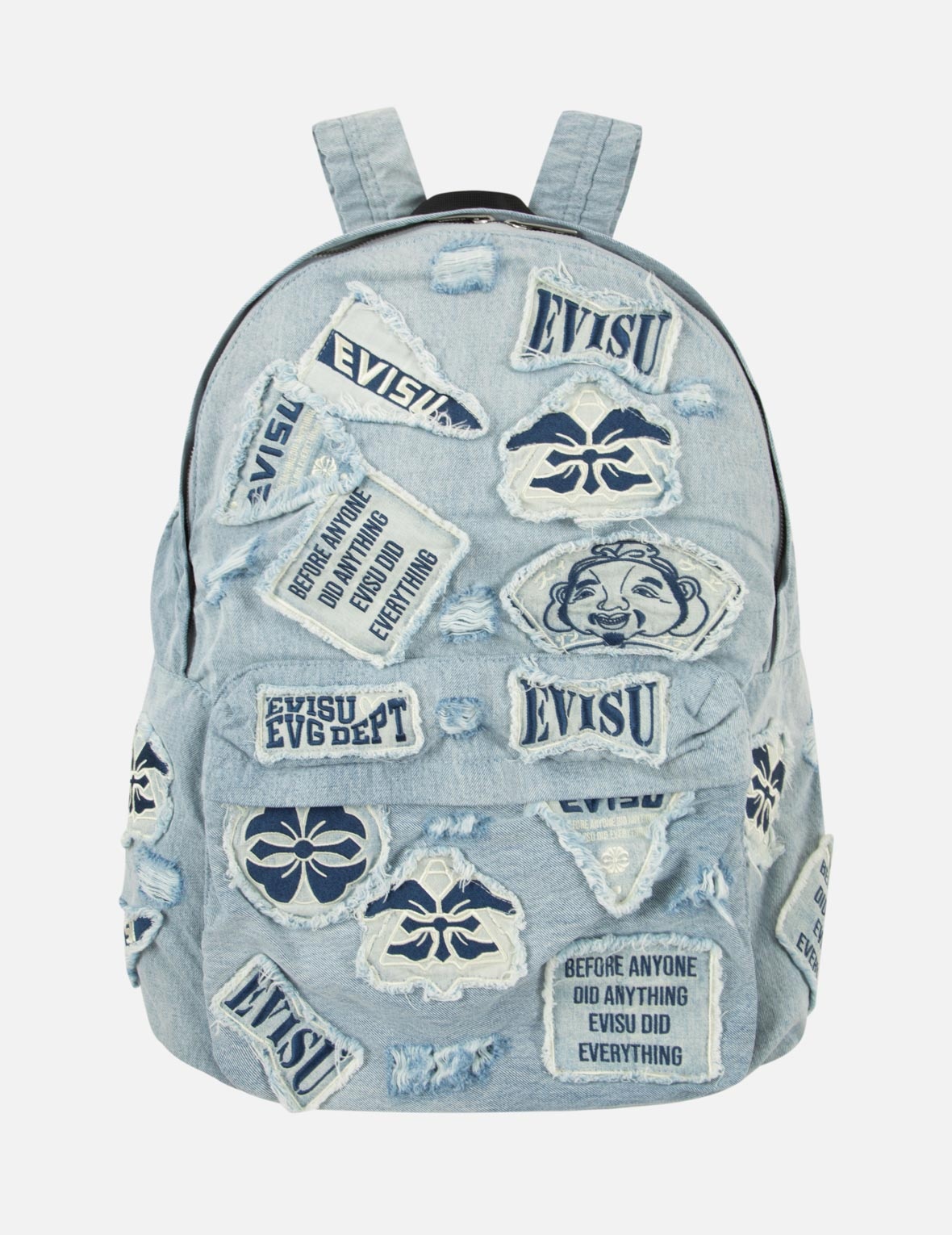 MULTIPLE DISTRESSED APPLIQUÉS DENIM BACKPACK - 1