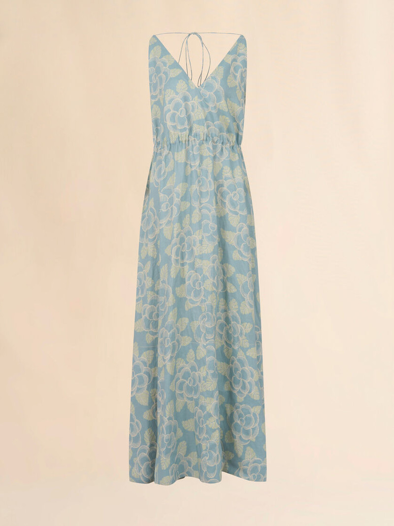 BLUE RAMIE MAXI DRESS WITH BANJO PRINT 1