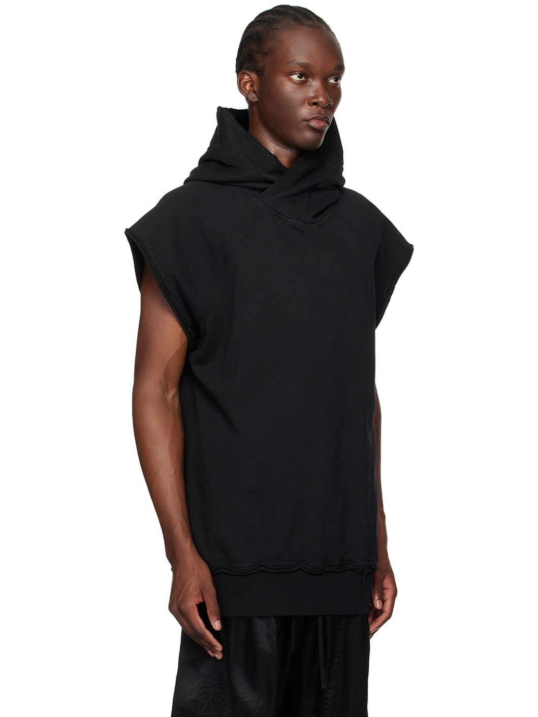 Black Cotton Raw Edge Hoodie - 4