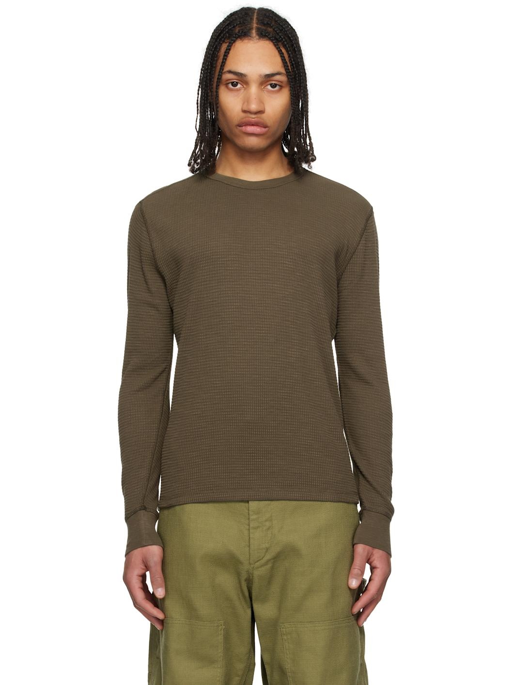 Khaki Garment-Dyed Waffle-Knit Crewneck Sweatshirt - 1