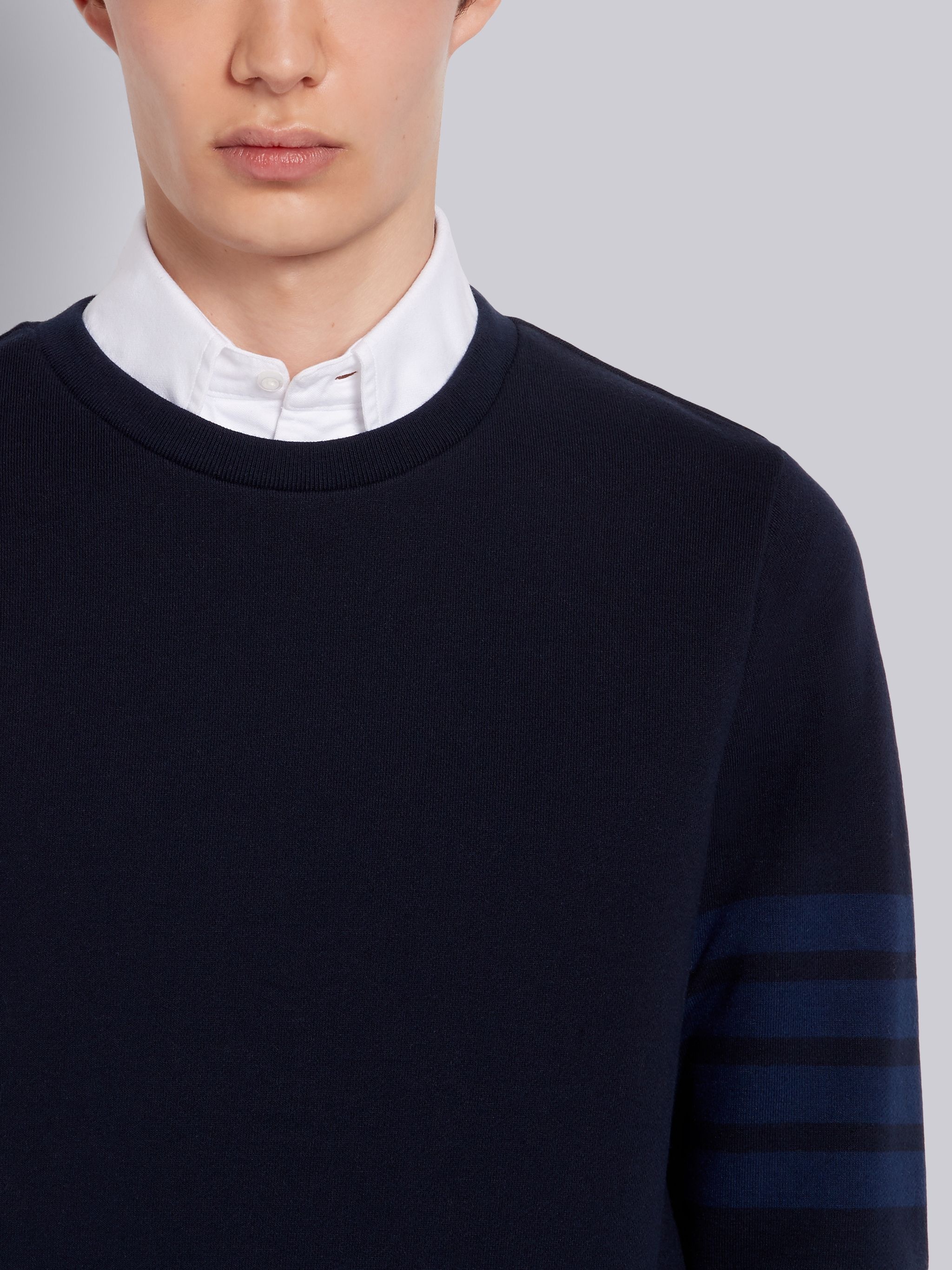 Navy Cotton Loopback Relaxed Fit Tonal 4-Bar Crewneck Sweatshirt - 5