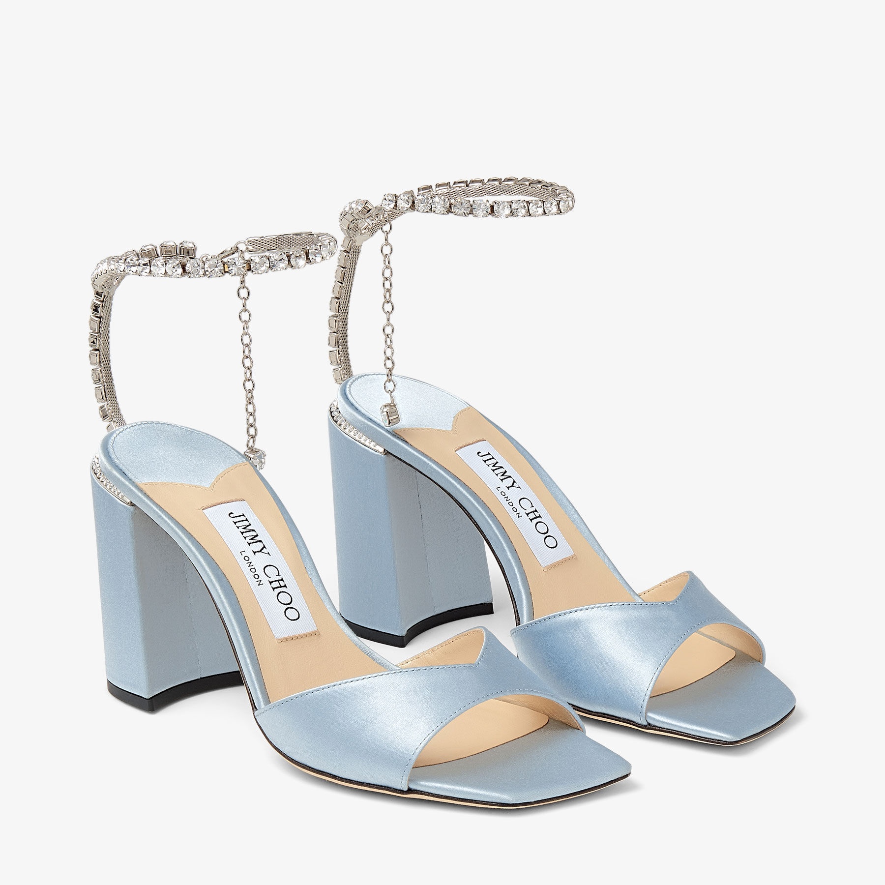 JIMMY CHOO Saeda Sandal Block Heel 85 Ice Blue Satin Block Heel