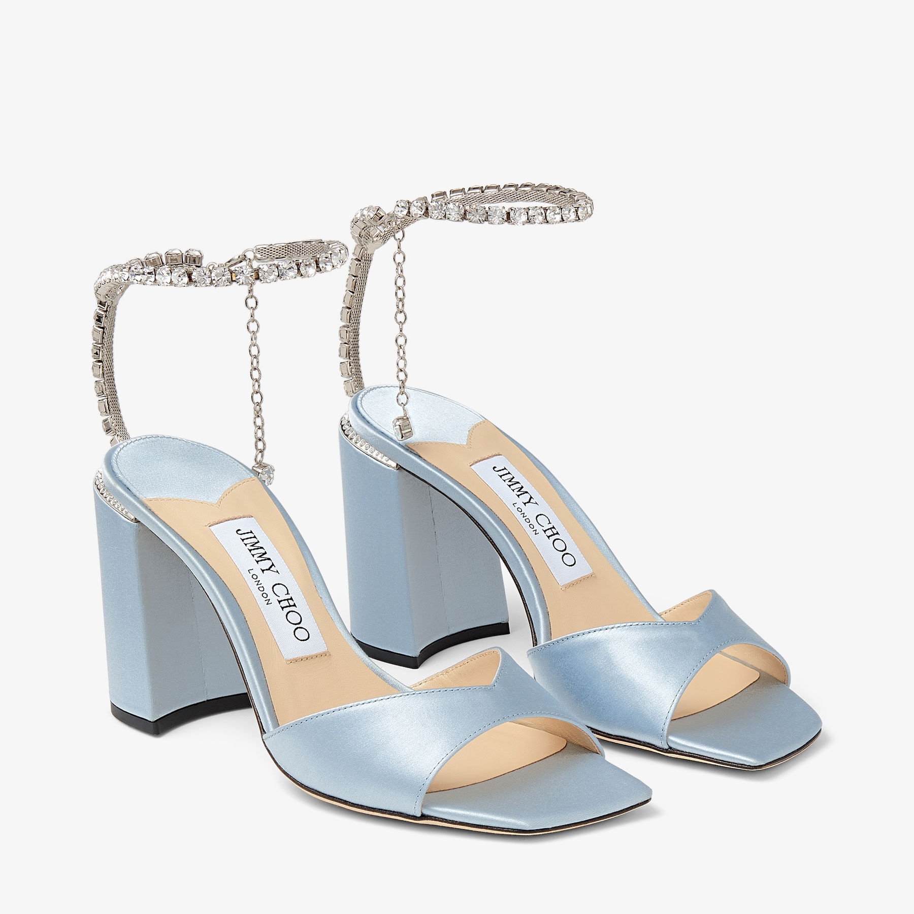 Saeda Sandal Block Heel 85
Ice Blue Satin Block Heel Sandals with Swarovski Crystal Chain - 2