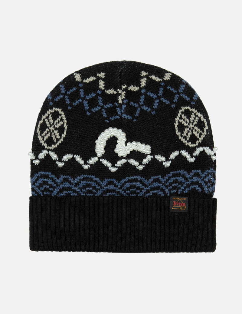 FAIRISLE ALLOVER JACQUARD WITH PEARL STUD BEANIE 1