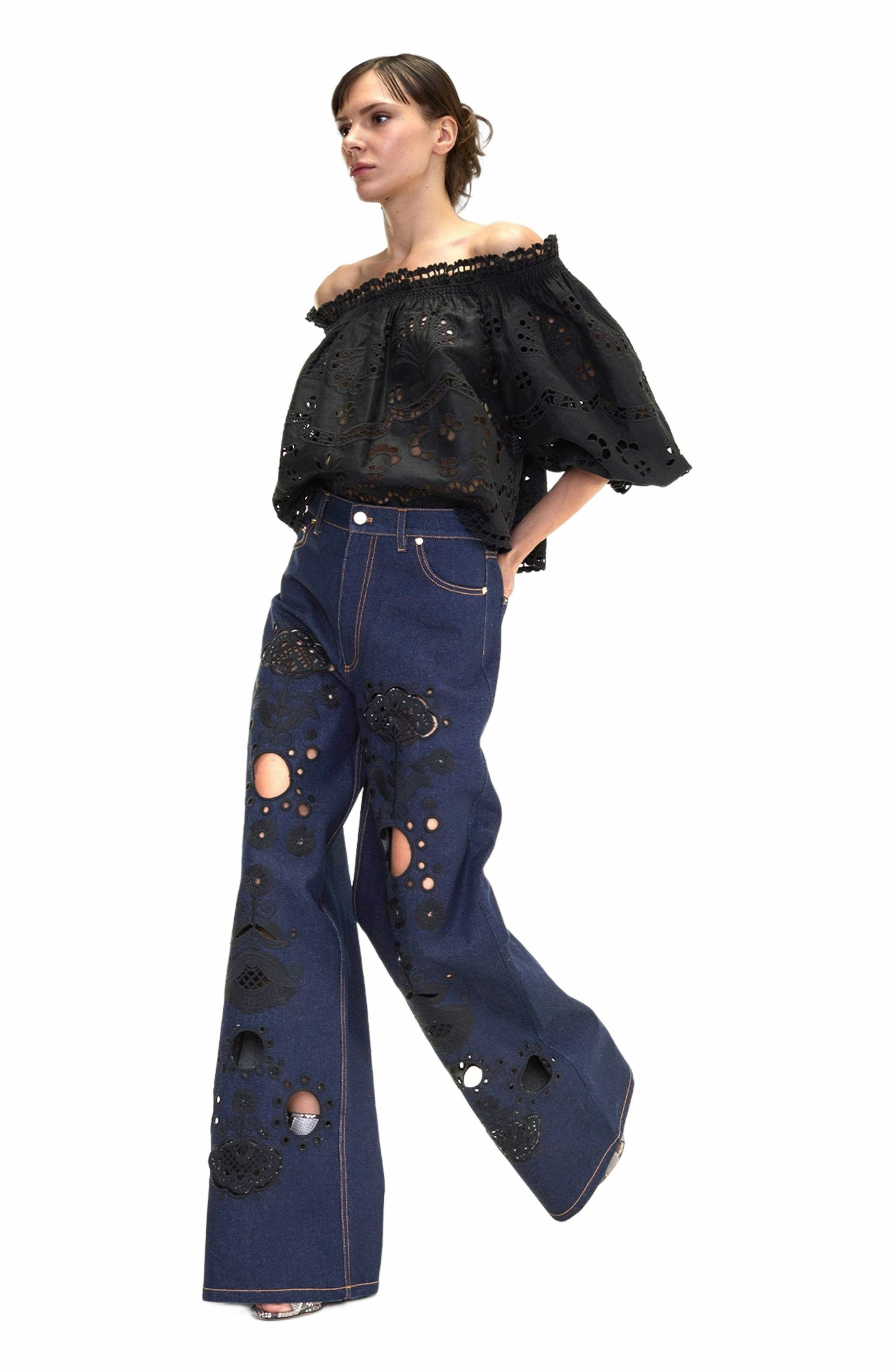 Cynthia Rowley Embroidered Wide-leg Jean in Navy/black at Nordstrom - 2
