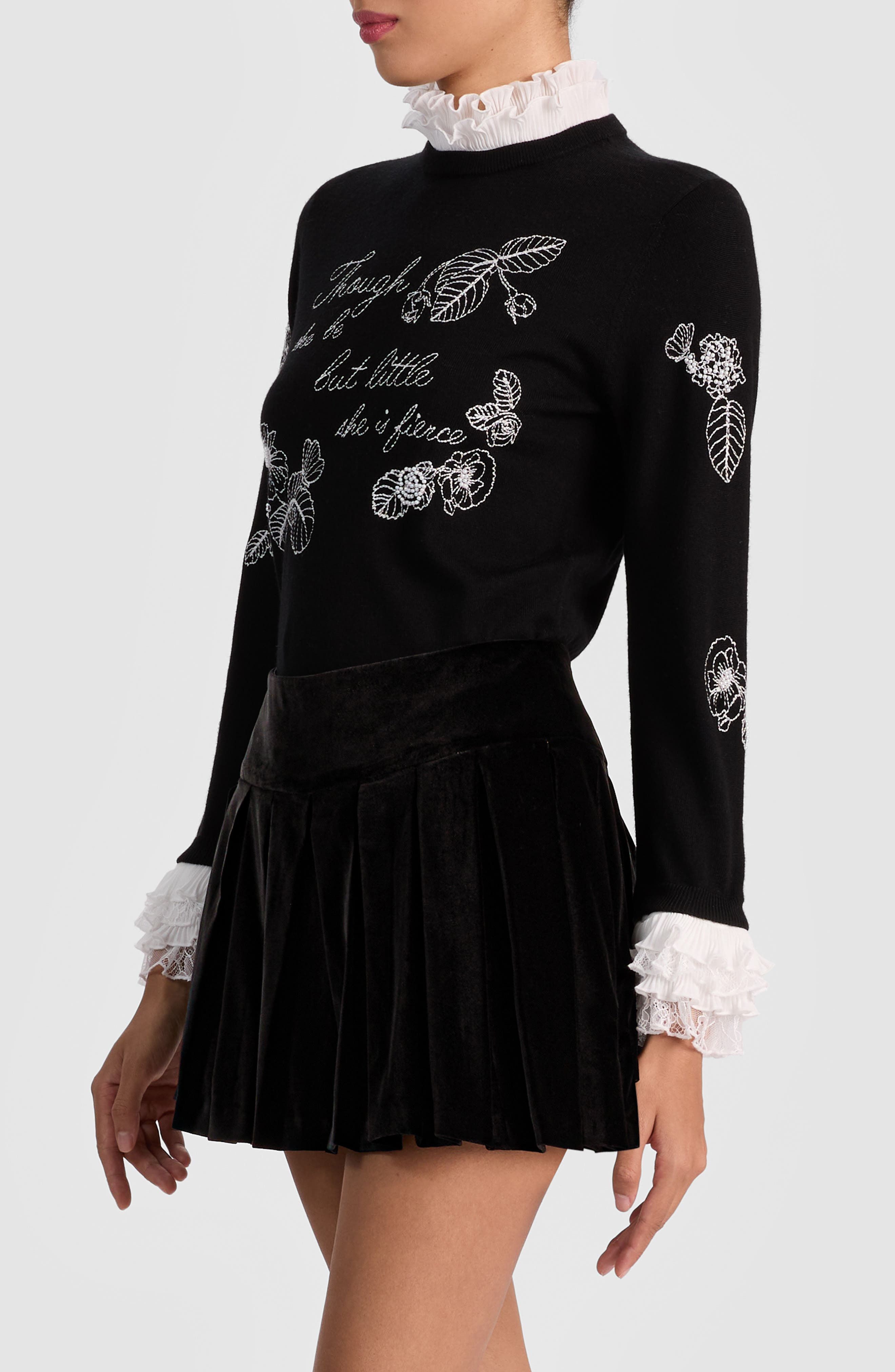Alice + Olivia Carolann Embroidered Stretch Wool Sweater in Black/White at Nordstrom - 3