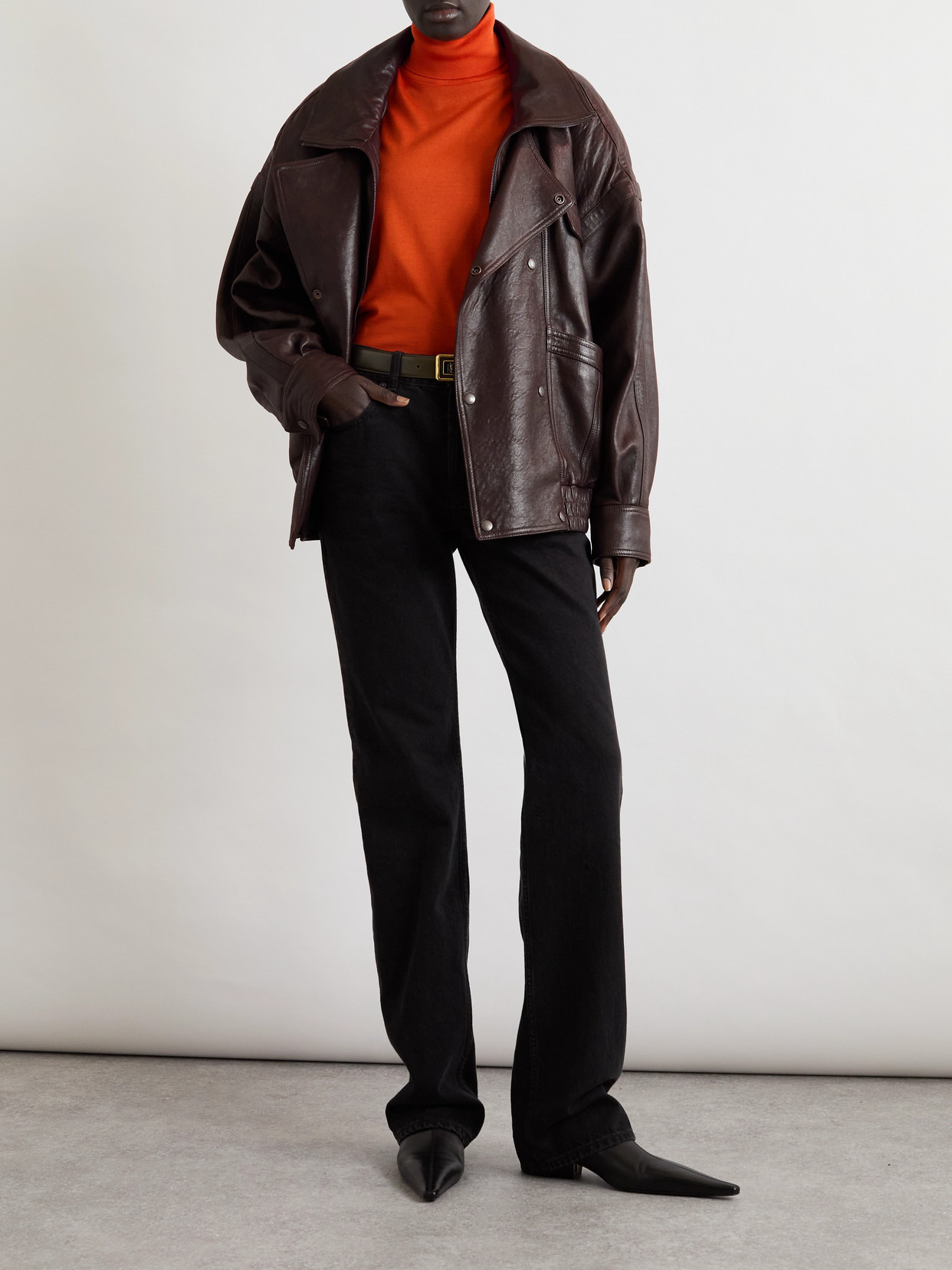 Oversized Double-breasted Paneled Leather Jacket - 2