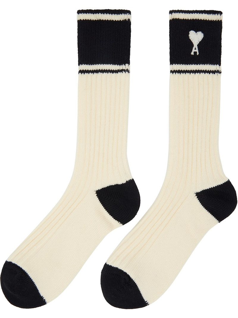AMI Paris Off-White Cotton Ami de Coeur Striped Socks outlook