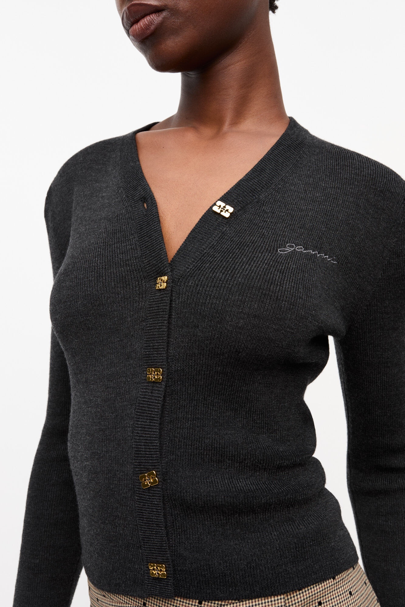 BLACK MINI RIBBED MERINO CARDIGAN - 5