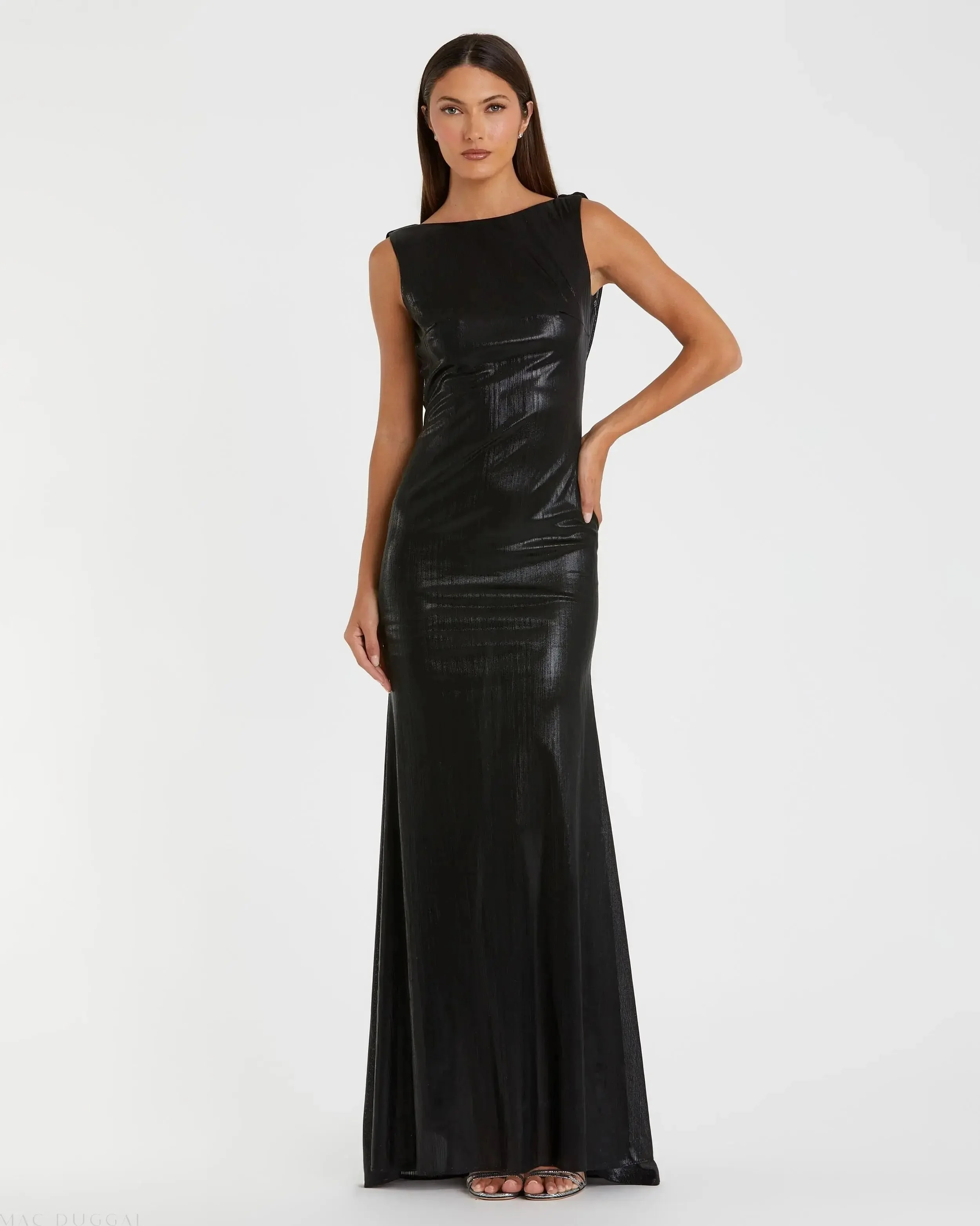 Black Metallic Jersey Cowl Back Column Gown - 1
