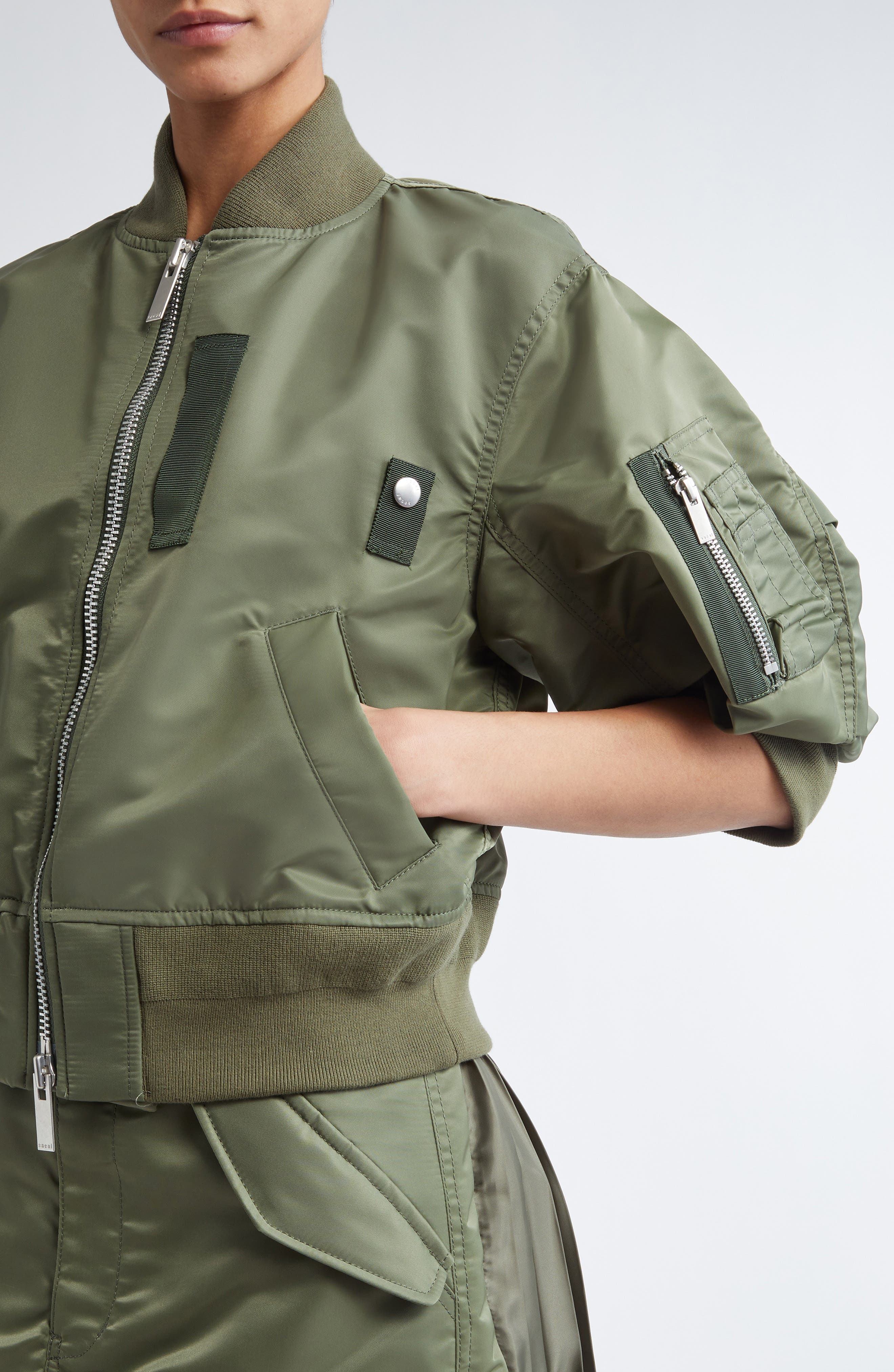 Sacai Short Sleeve Nylon Twill Bomber Jacket in Khaki 501 at Nordstrom - 5