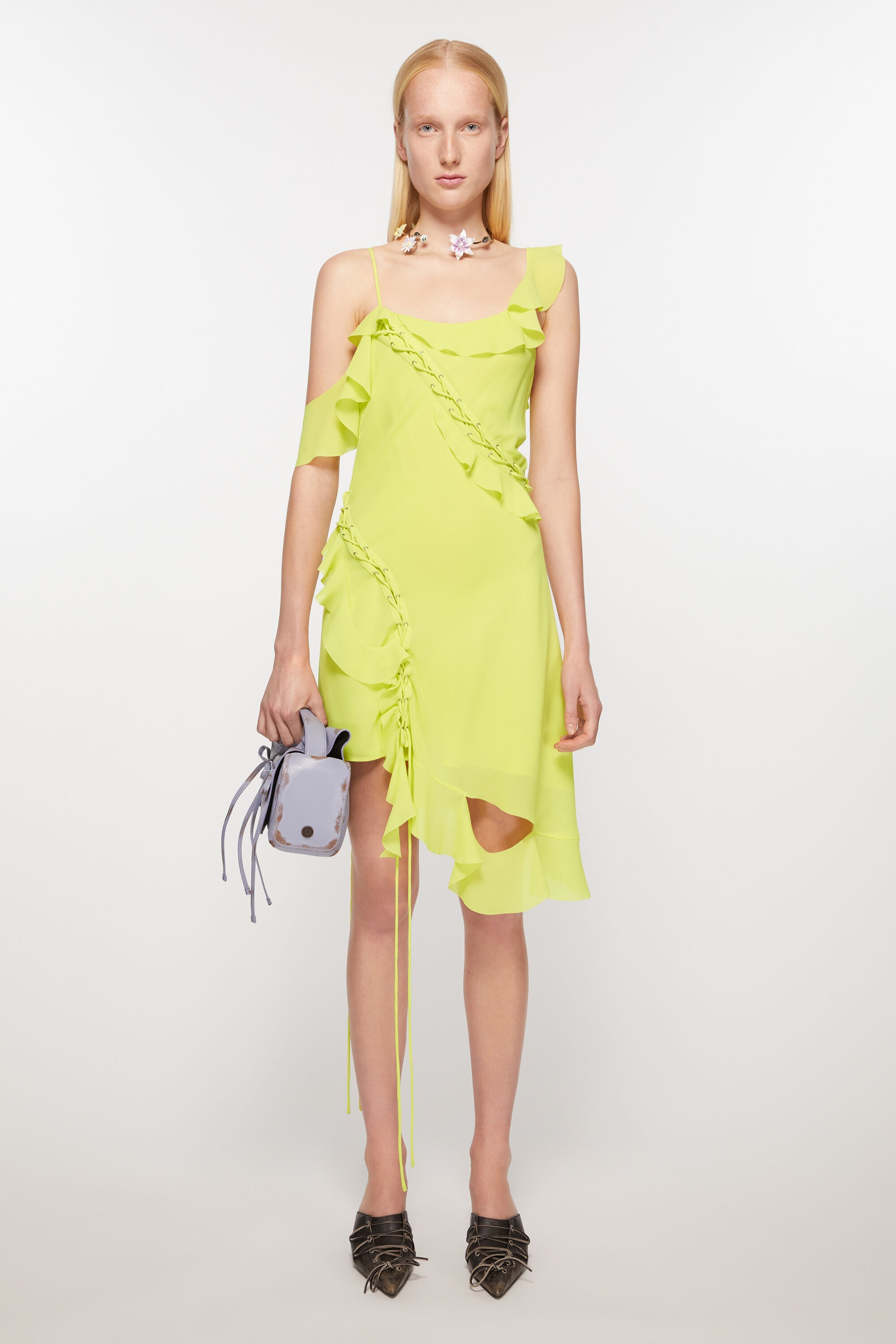 Ruffle strap dress - Acid yellow - 2