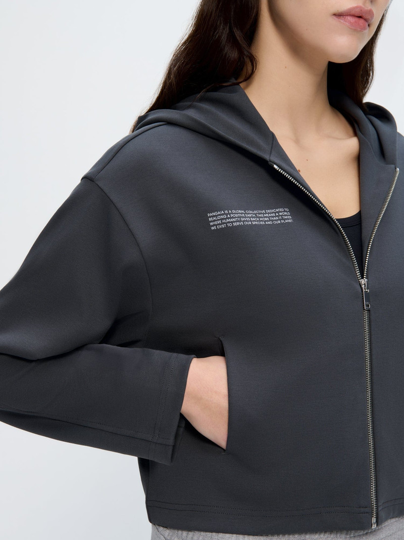 Womens Double Jersey Cropped Zip Up Hoodie - Smoked Black 4