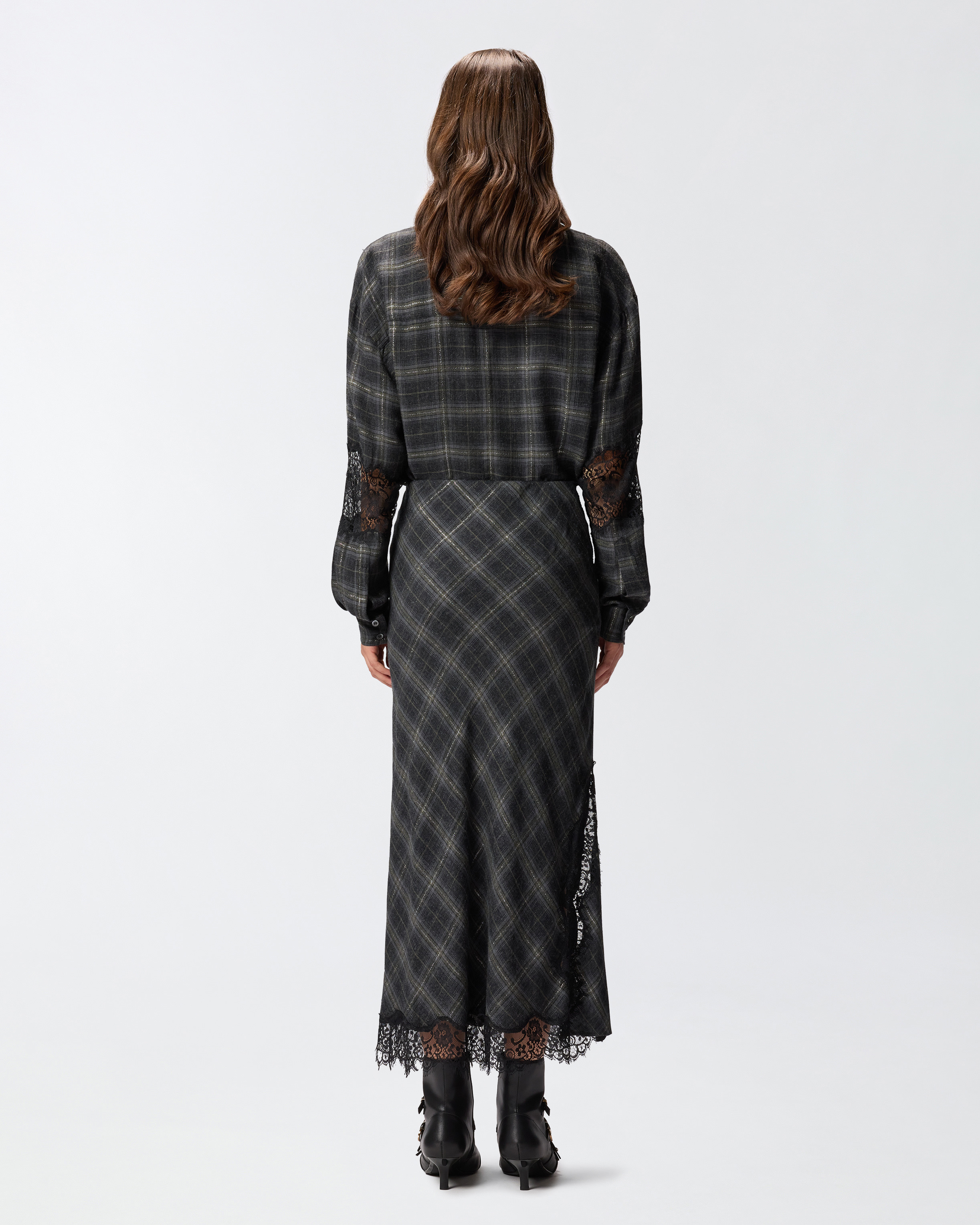 LONG CHECK SKIRT WITH LACE - 4