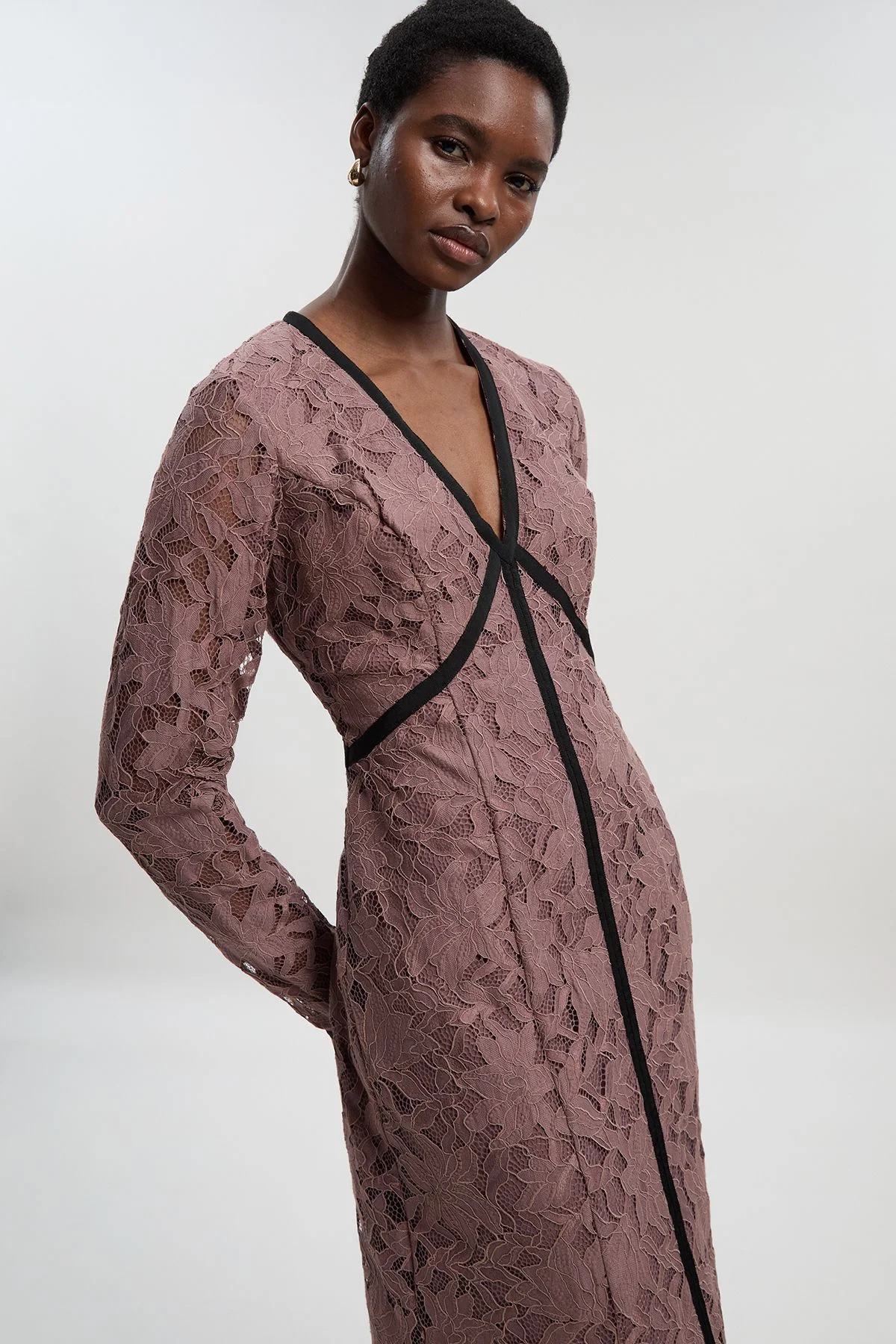 Lace with black taping long sleeve woven maxi dress - 1