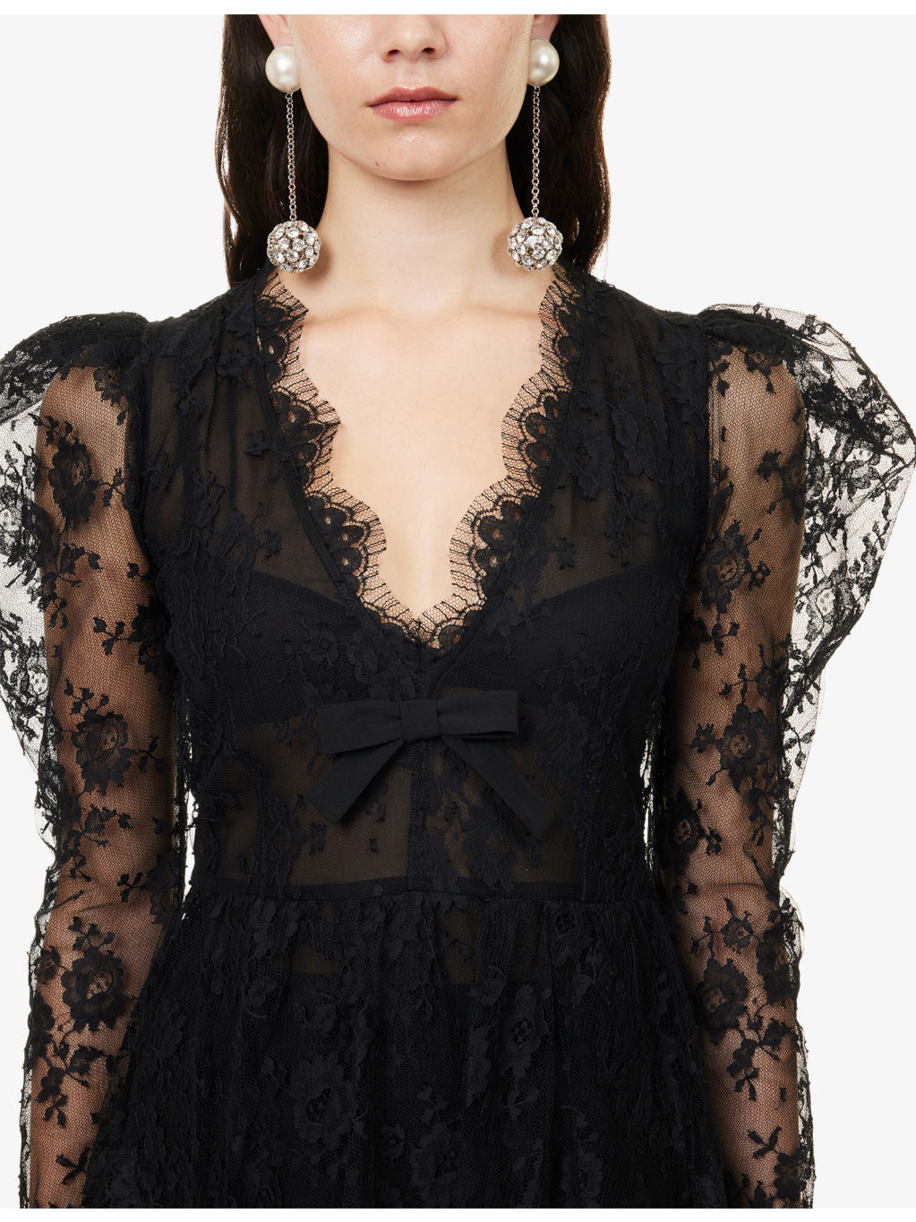 V-Neck Puffed-Shoulders Lace Mini Dress - 5