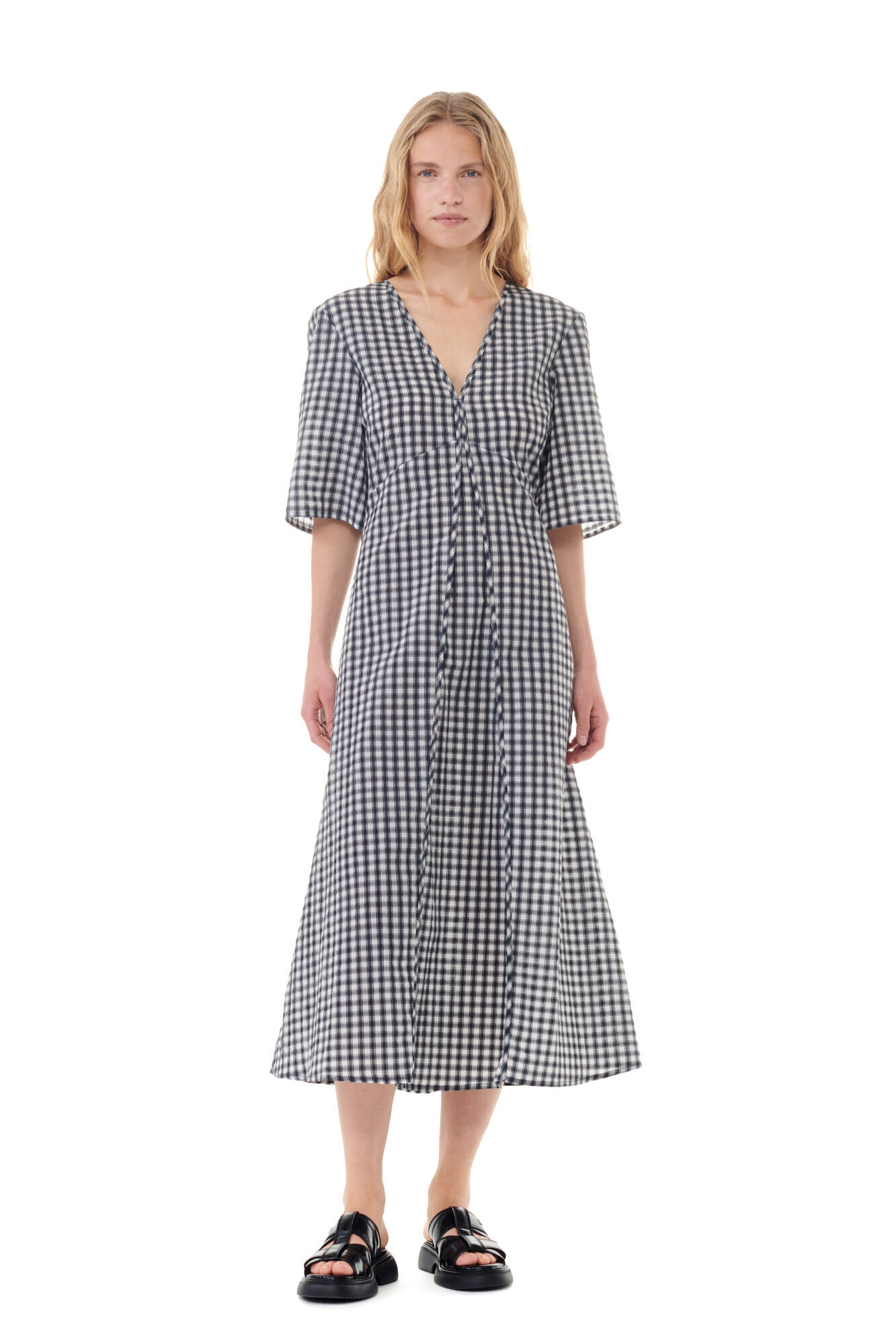 SEERSUCKER CHECK V-NECK LONG DRESS - 2