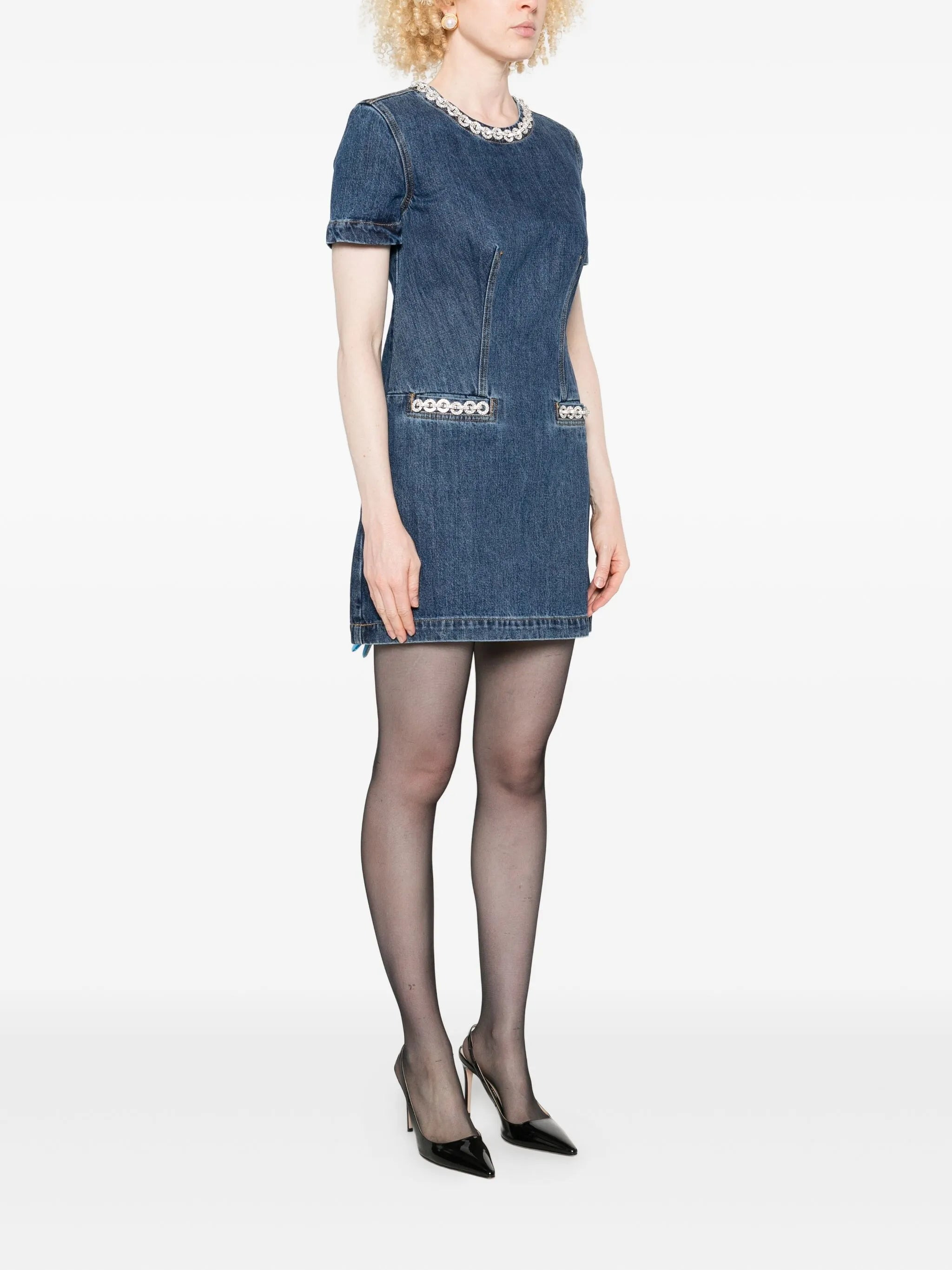 Self-portrait Embellished-pocket Denim Mini Dress - 4