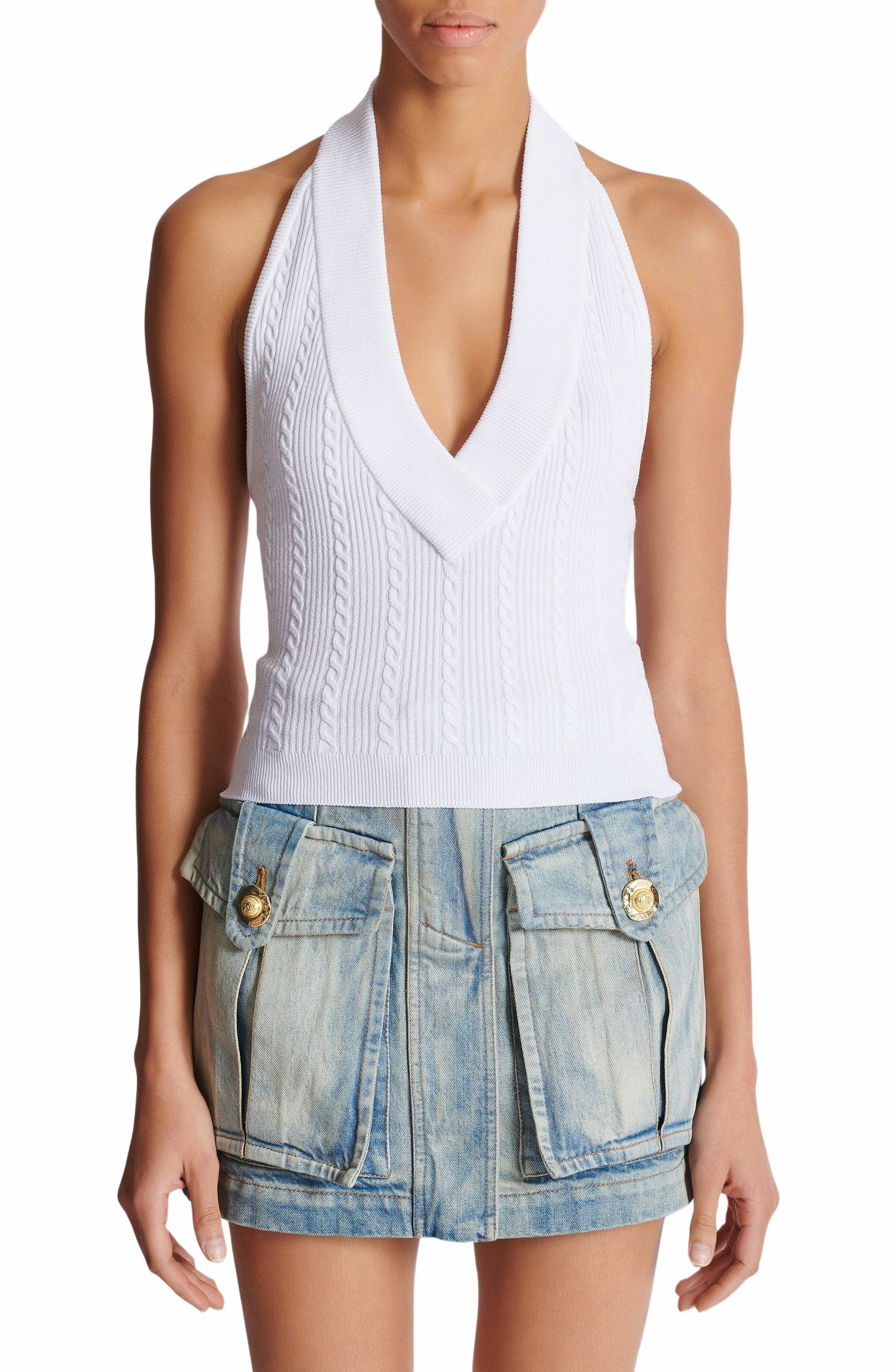 Balmain Cable-knit halterneck top in White at Nordstrom - 8