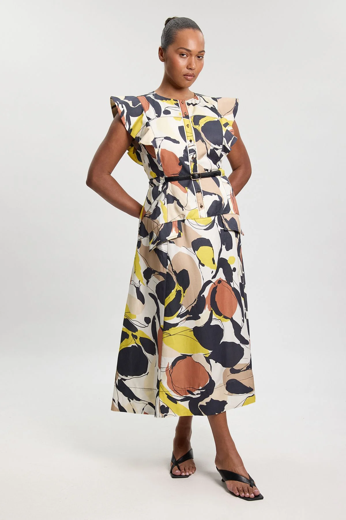 Plus Size Abstract Print Viscose Linen Woven Ruffle Sleeve Midi Dress - 1