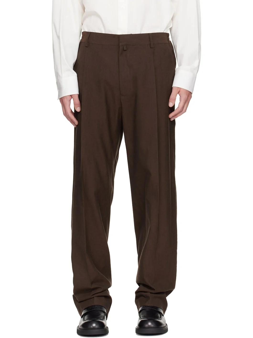 Brown Pleated Cotton Wool Trousers - 1