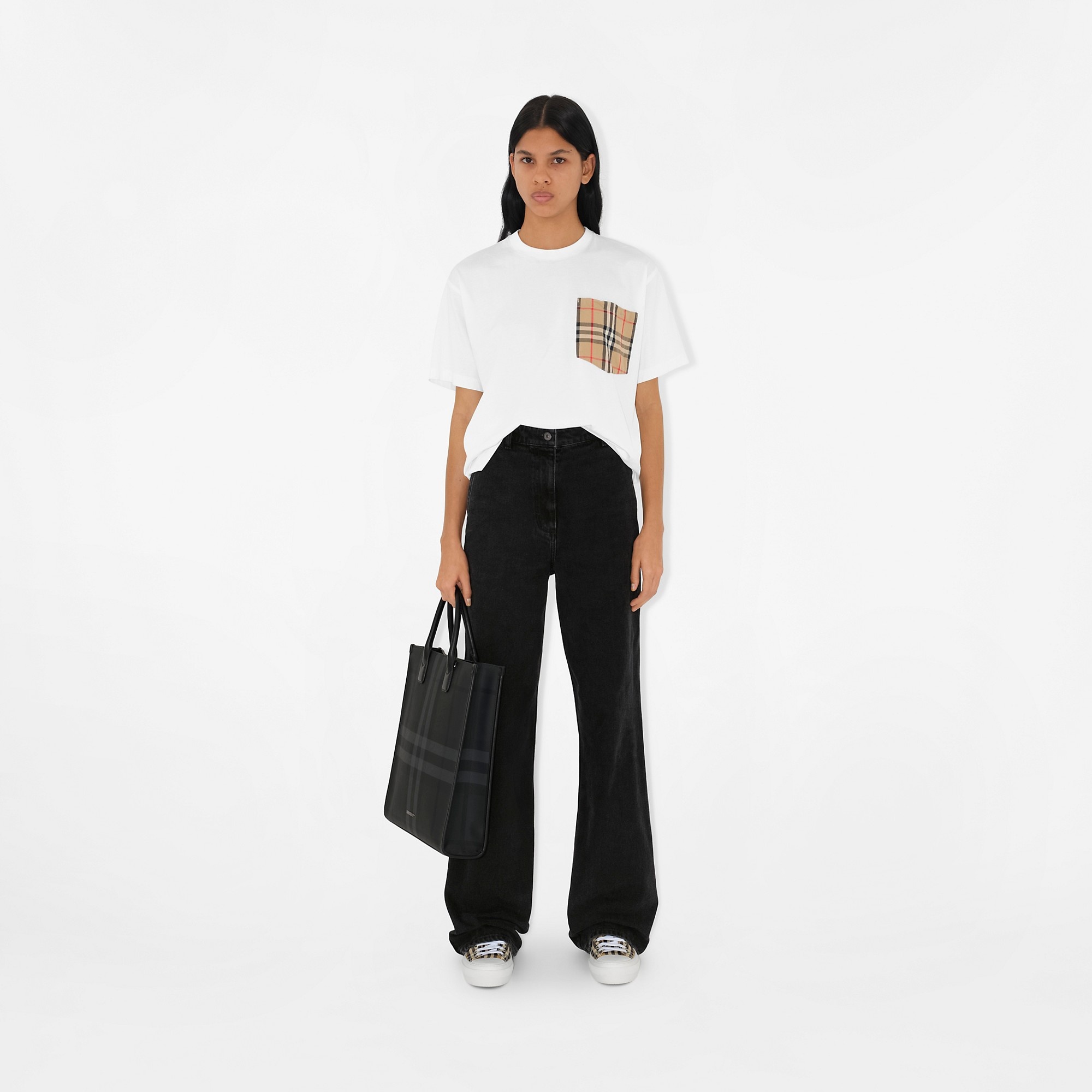 Charcoal Check and Leather Slim Tote - 2