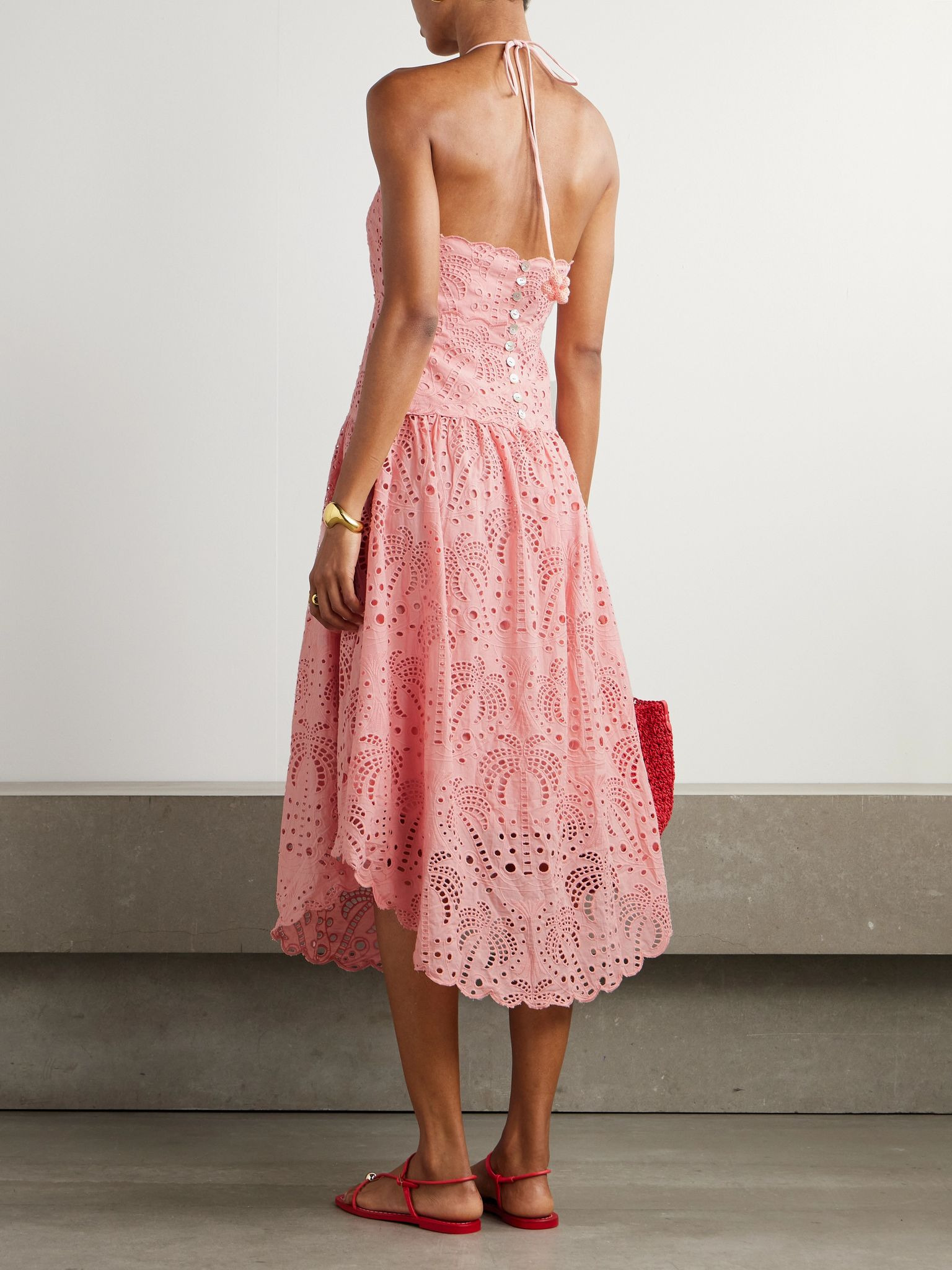Palm Tree scalloped broderie anglaise cotton midi dress Pink - 3