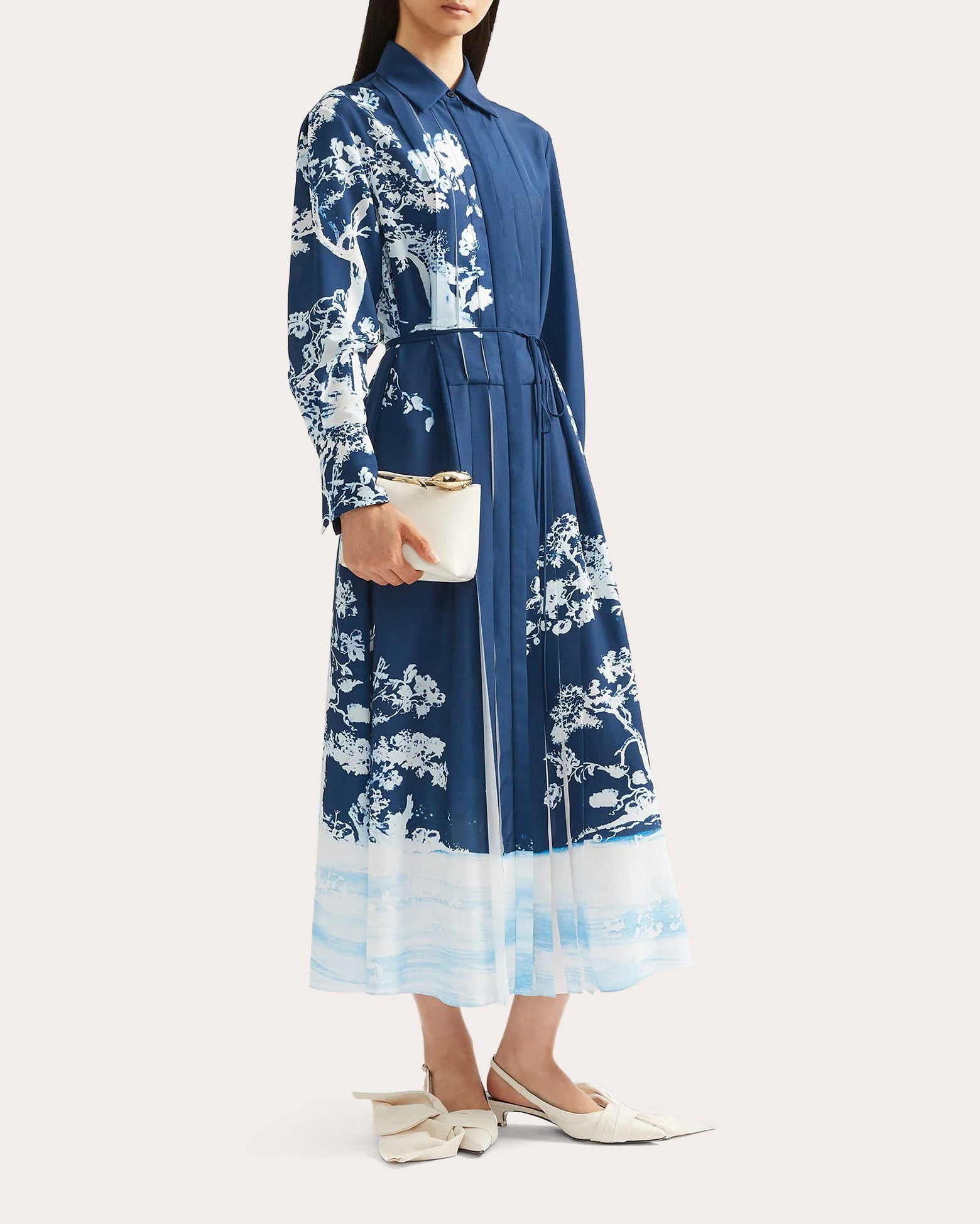 Pleated Floral-Print Midi Crepe Shirt Dress - 6