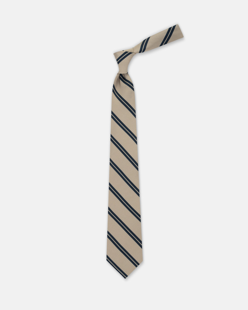 MADE-IN-UK BUFF & NAVY DOUBLE BAR STRIPE IRISH POPLIN TIE 1
