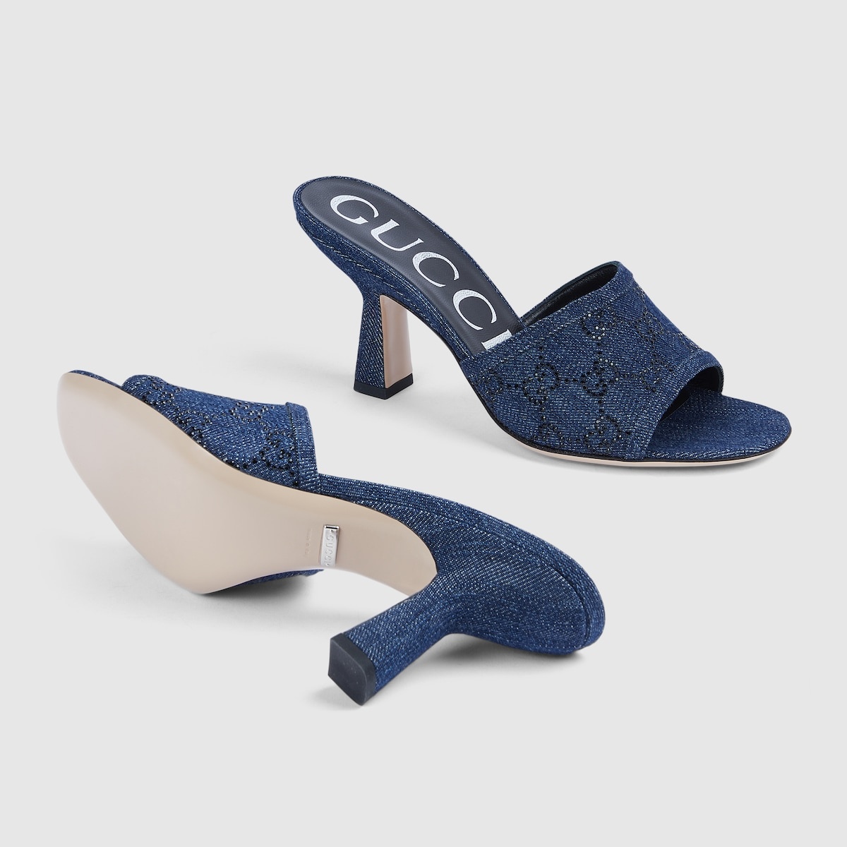 靴 Vintage Gucci Denim Heel Sandals Gucci Women's Square Toe Denim Block Heel Sandals