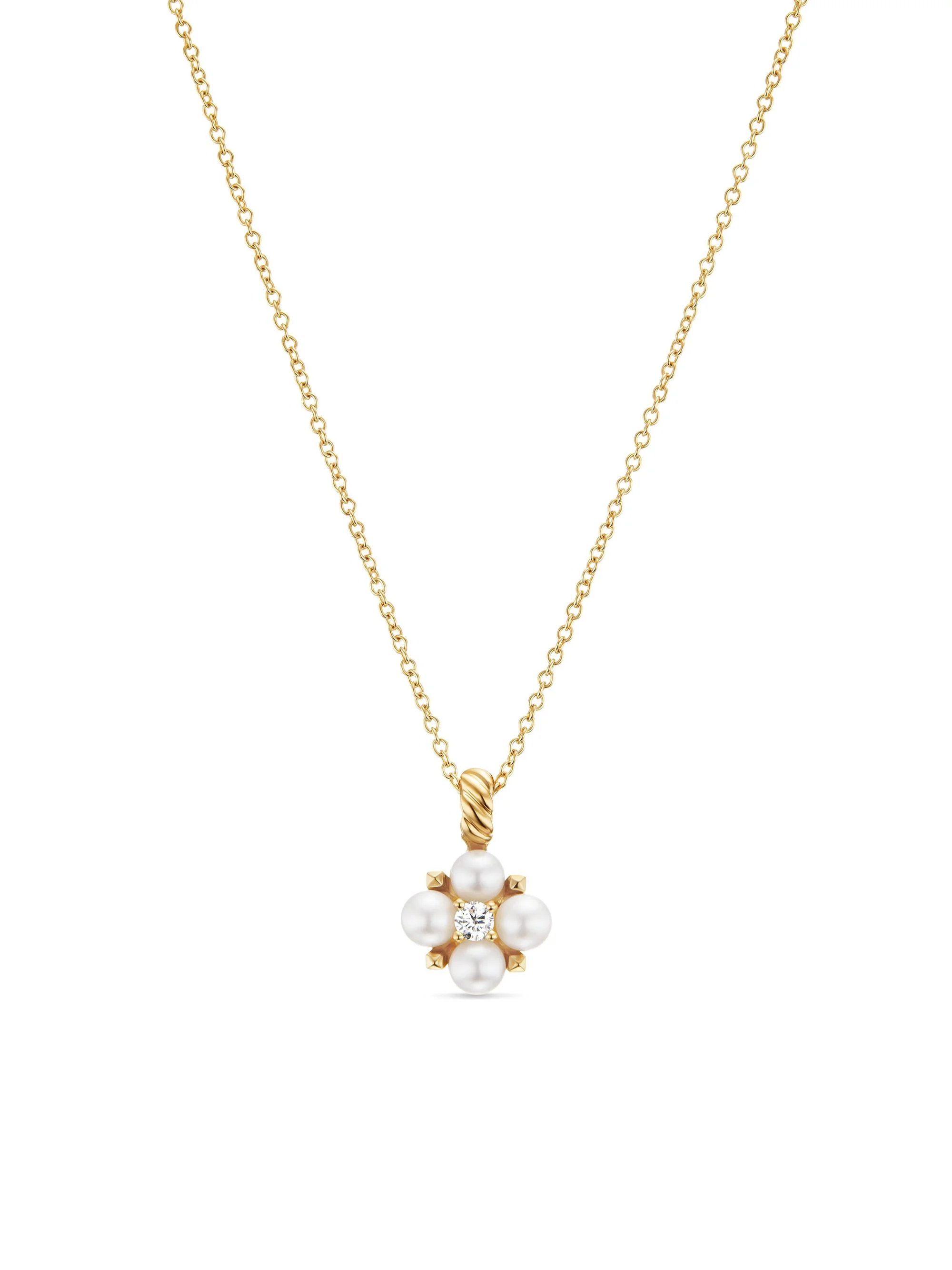 Women's Petite Modern Renaissance Pearl Necklace in 18K Yellow Gold with Center Diamond, 7.8MM - Ako - 1