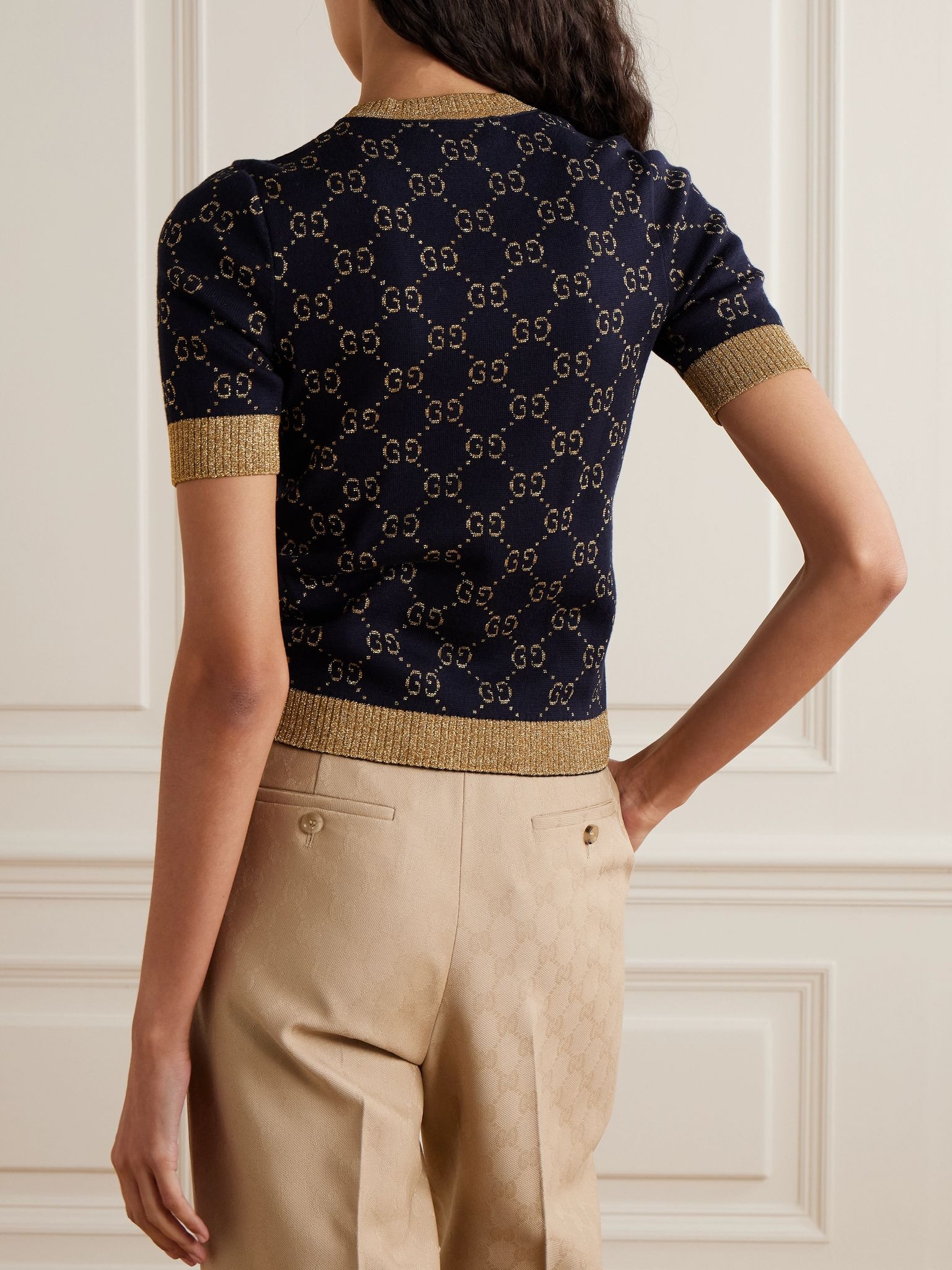 Metallic jacquard-knit cotton-blend sweater Navy - 3