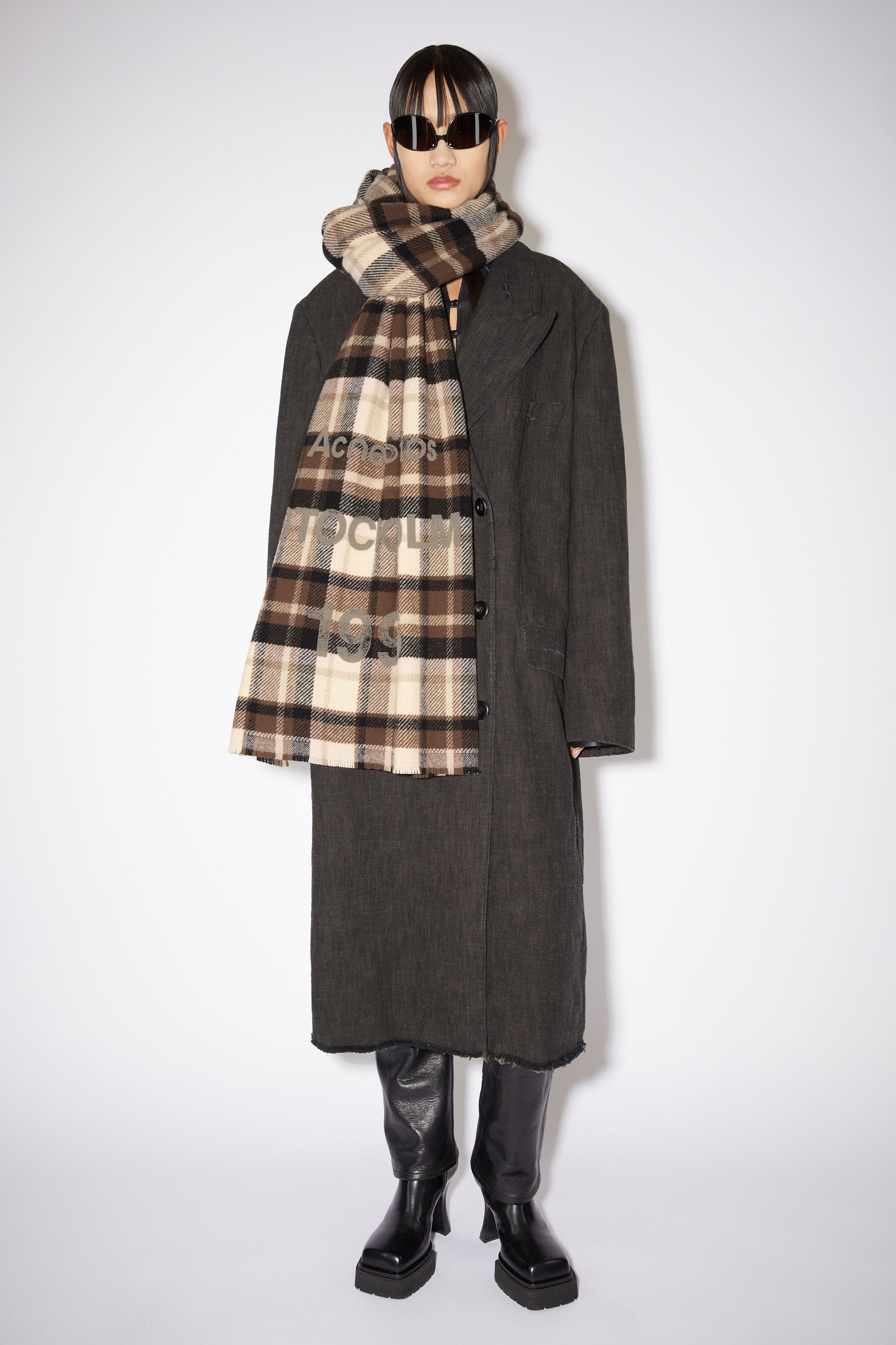 Wool logo print checked scarf - Brown/beige - 2