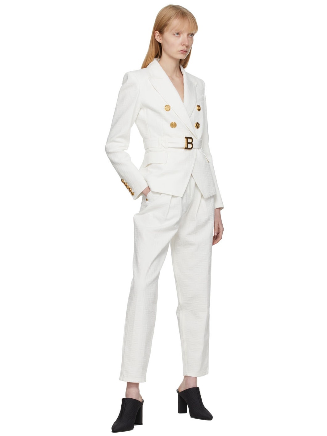 White Denim Belted Logo Trousers - 4