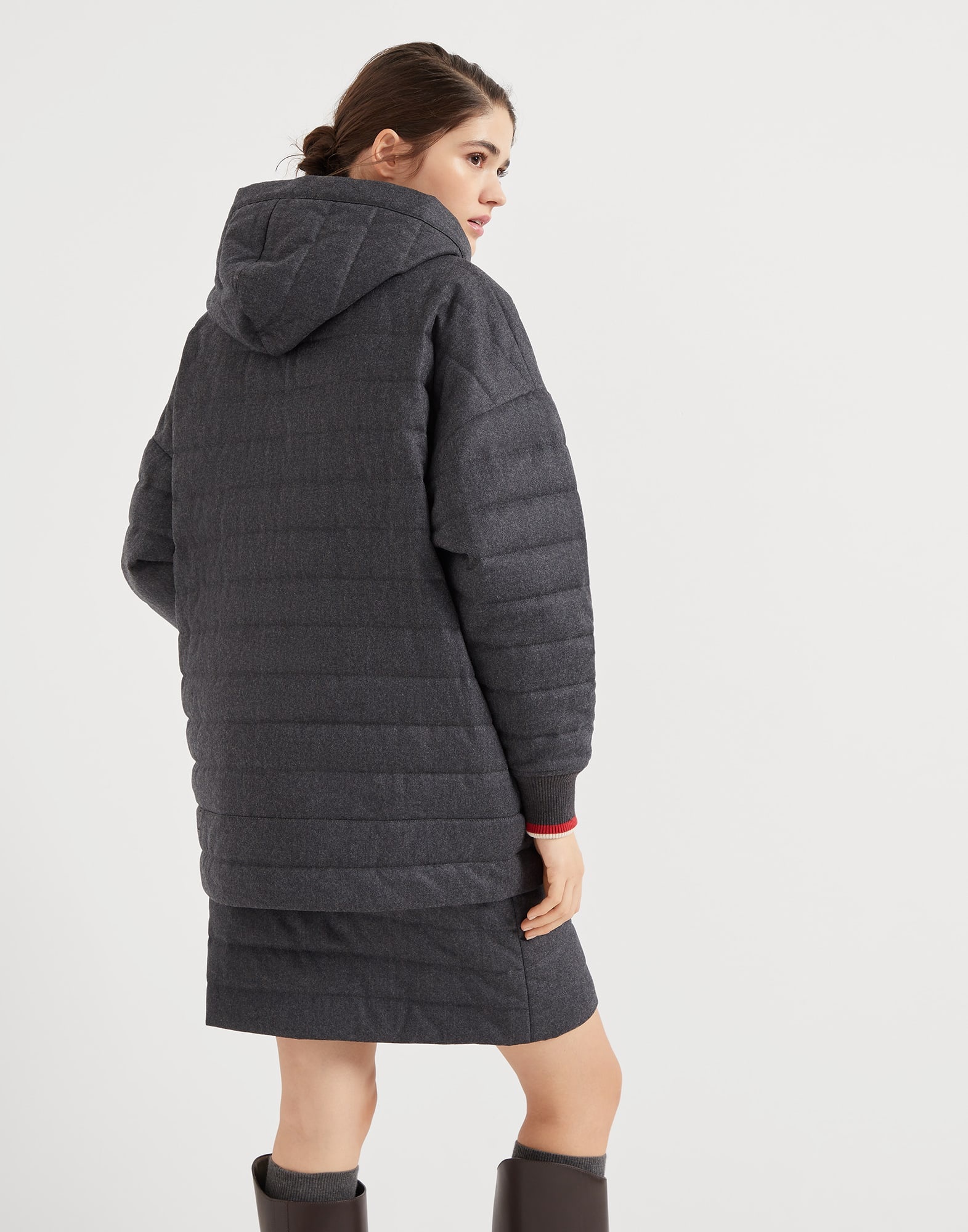 Water-resistant virgin wool flannel hooded outerwear jacket with Thermore® padding and shiny zipper  - 2