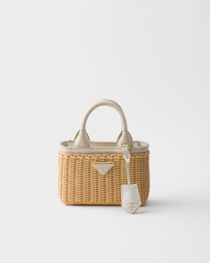 Mini wicker and linen blend tote bag 1
