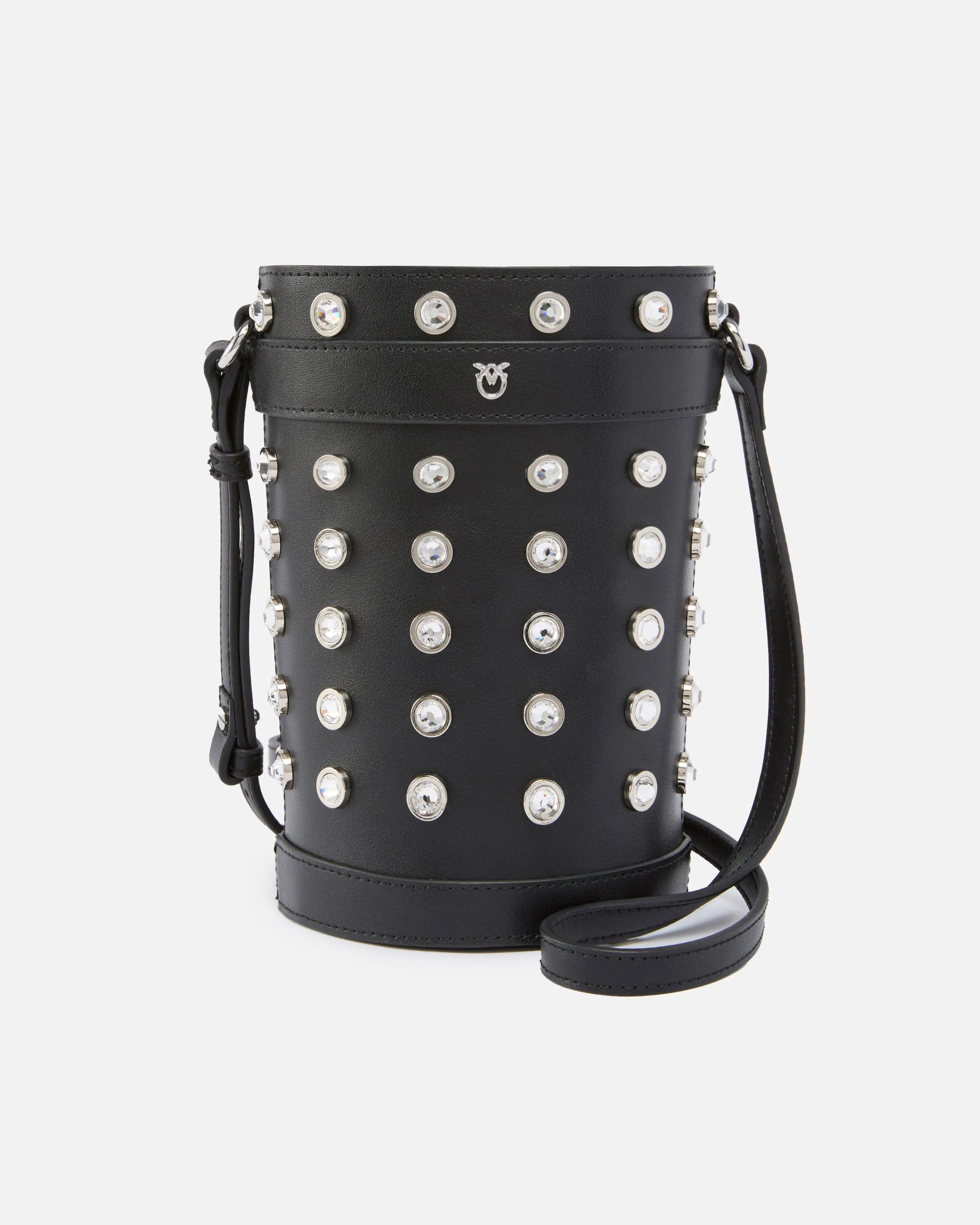 SMALL LEATHER BUCKET BAG WITH RHINESTONES - 1
