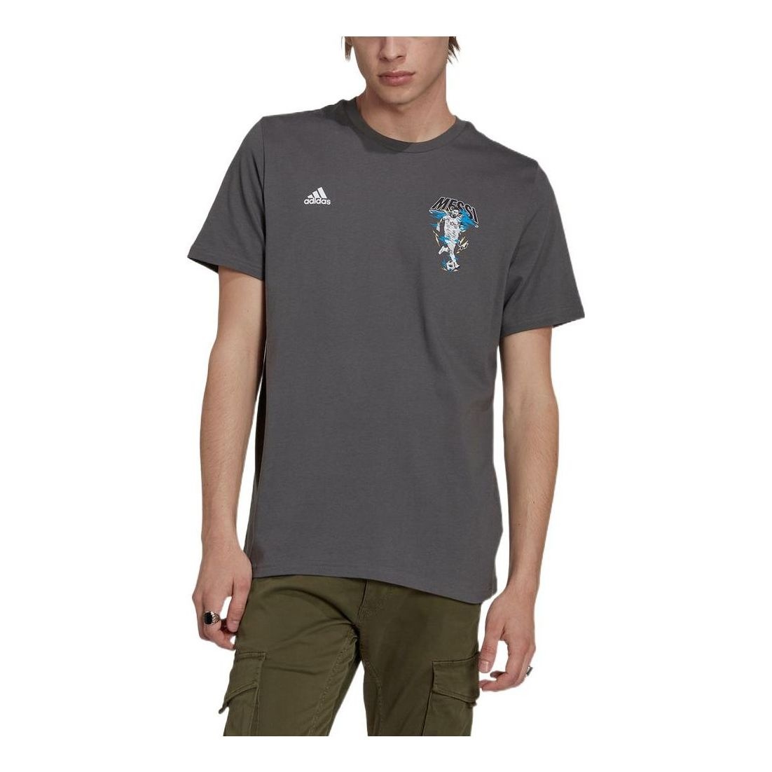 Men's adidas Soccer/Football Printing Brand Logo Solid Color Round Neck Short Sleeve Dark Grey T-Shi - 1