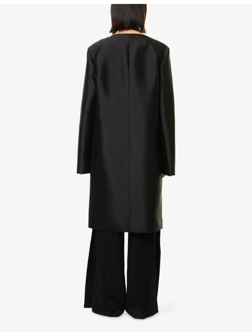 Collarless Tailored Long Silk Coat - 4
