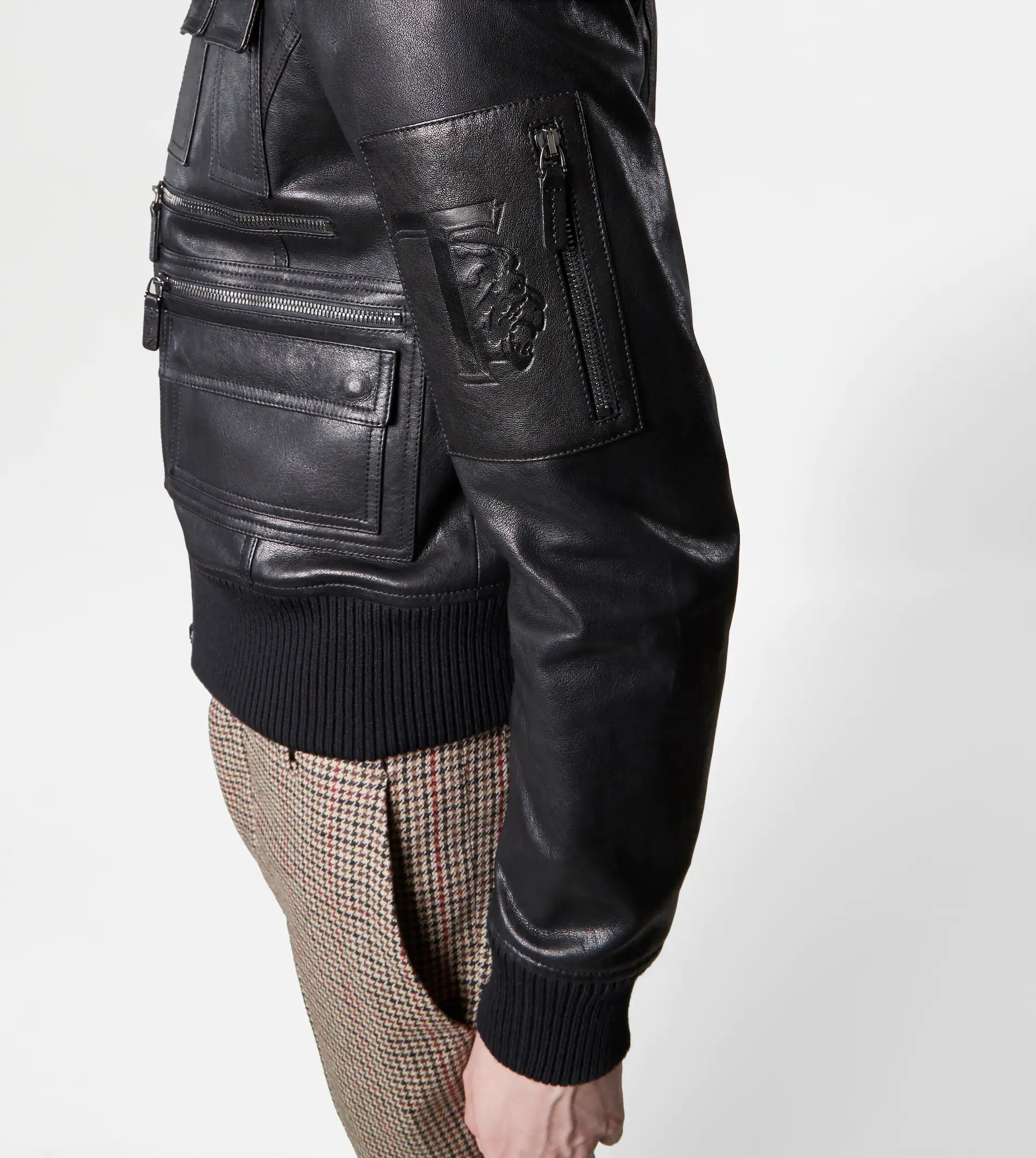 MULTI-POCKET LEATHER BOMBER JACKET - BLACK - 5